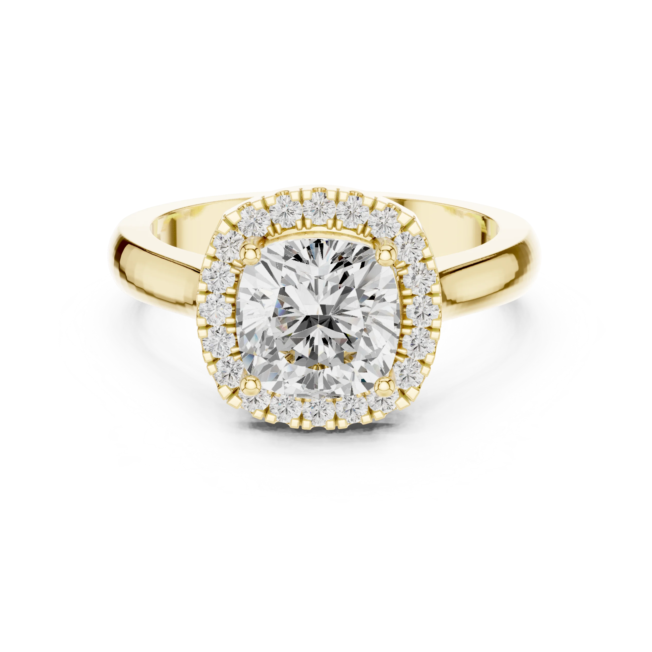 Cushion cut halo ring with lab-grown diamond in yellow gold with classic luxury appeal