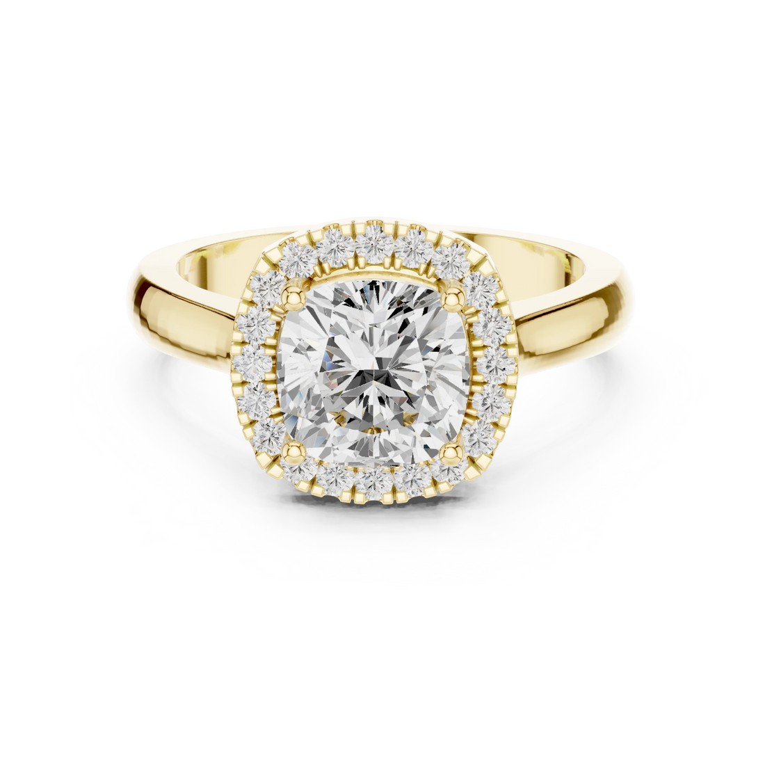 Cushion cut halo ring with lab-grown diamond in yellow gold with classic luxury appeal