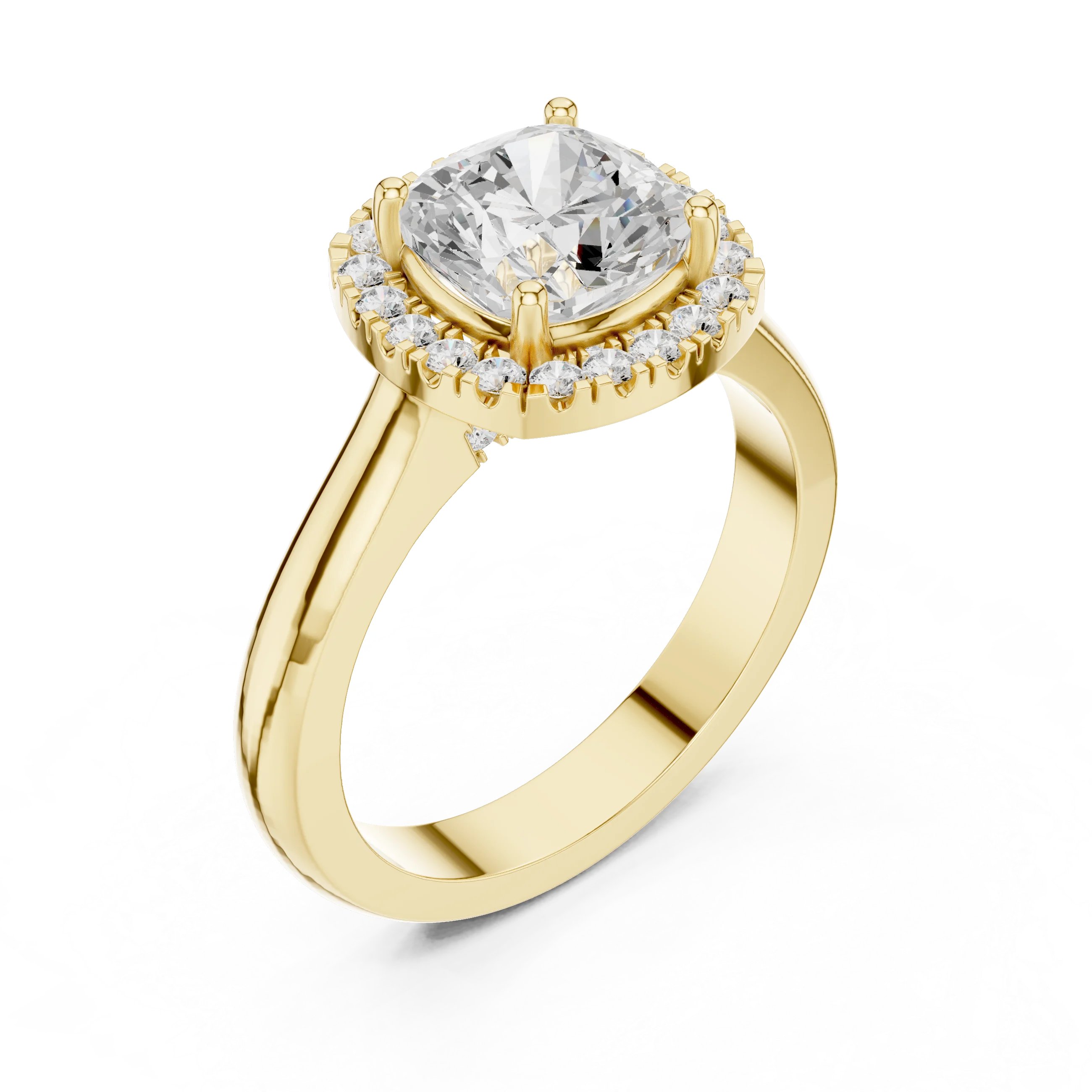 Front view of yellow gold cushion halo ring showcasing lab-grown diamond with halo design