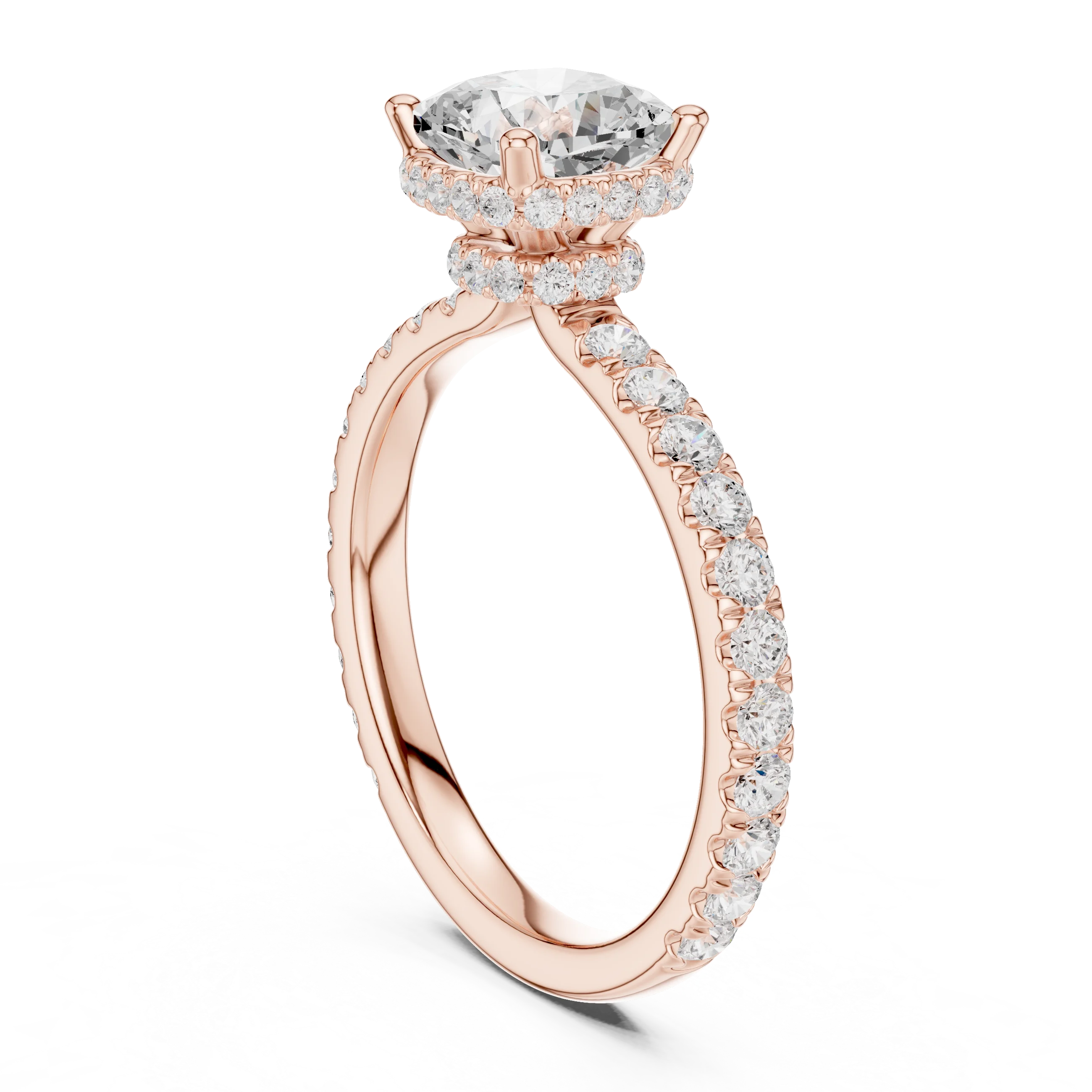 Front view of cushion cut hidden halo ring with pave diamond band in rose gold with cushion lab diamond