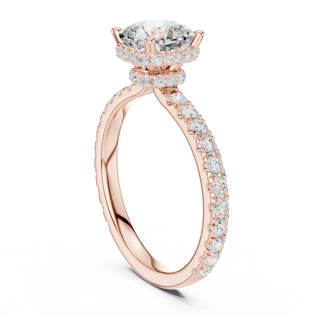 Front view of cushion cut hidden halo ring with pave diamond band in rose gold with cushion lab diamond