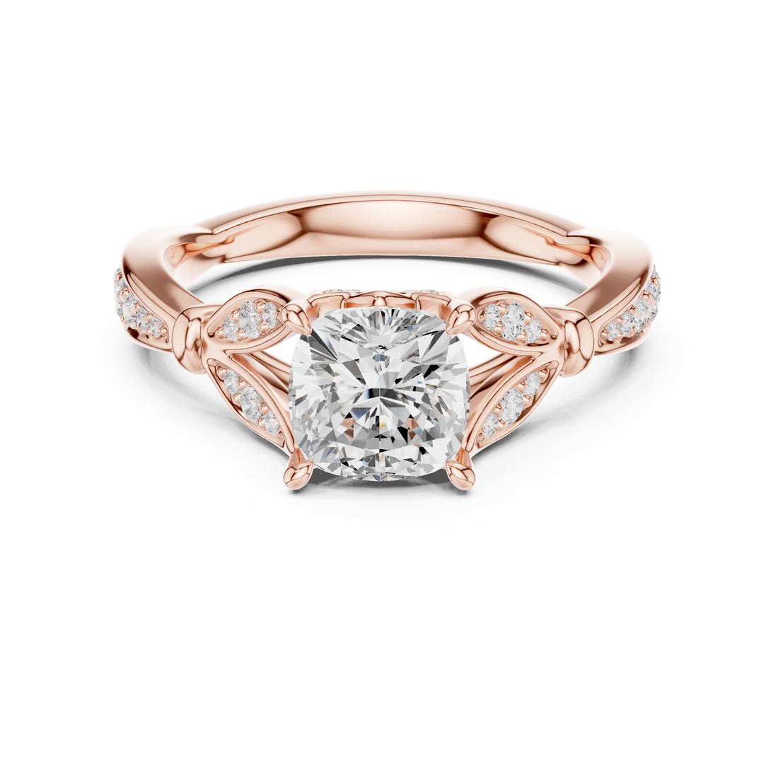 Cushion solitaire ring in rose gold with floral milgrain pave band and lab-grown diamond – Australia