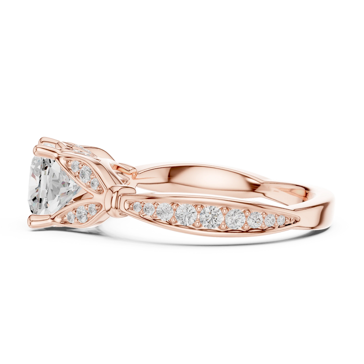 Side view of rose gold cushion solitaire ring with floral milgrain pave band and lab-grown diamond – Australia