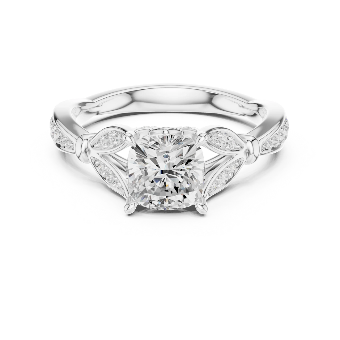 Cushion solitaire ring in white gold with floral milgrain pave band and lab-grown diamond – Australia
