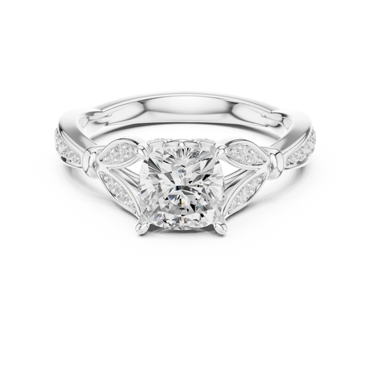 Cushion solitaire ring in white gold with floral milgrain pave band and lab-grown diamond – Australia