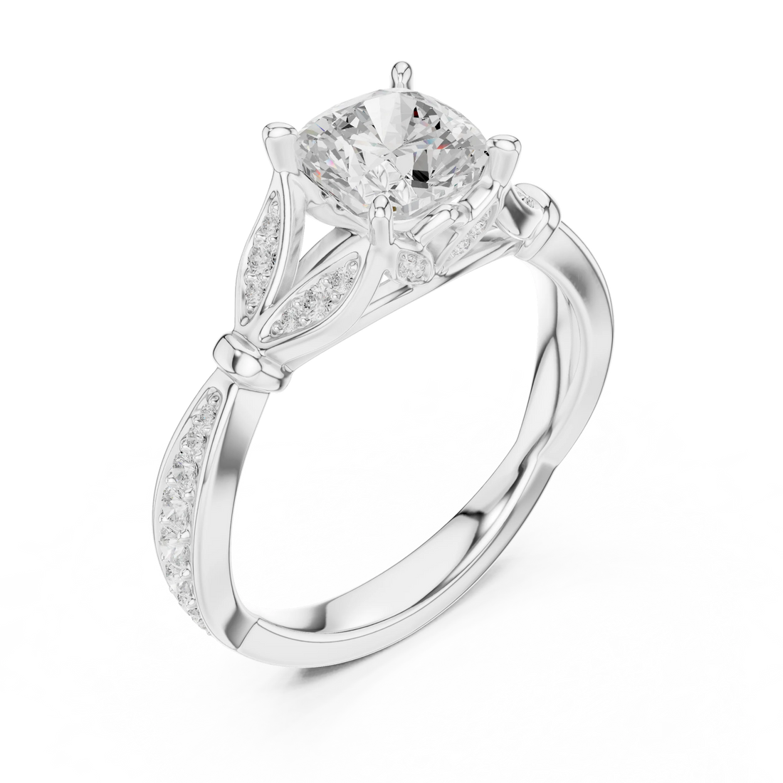 Front view of white gold cushion solitaire ring with floral milgrain pave band and lab-grown diamond – Australia