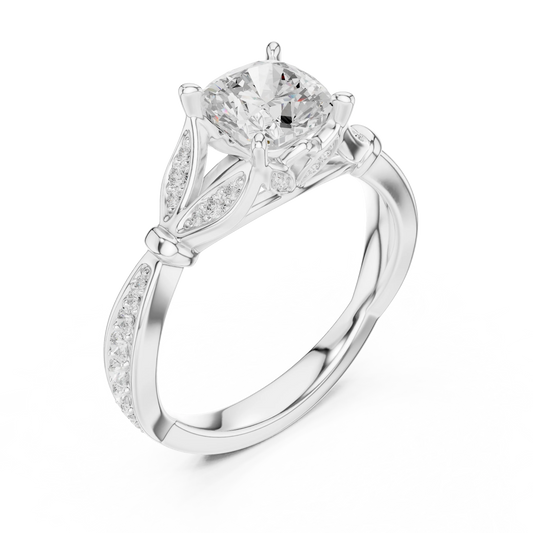 Front view of white gold cushion solitaire ring with floral milgrain pave band and lab-grown diamond – Australia
