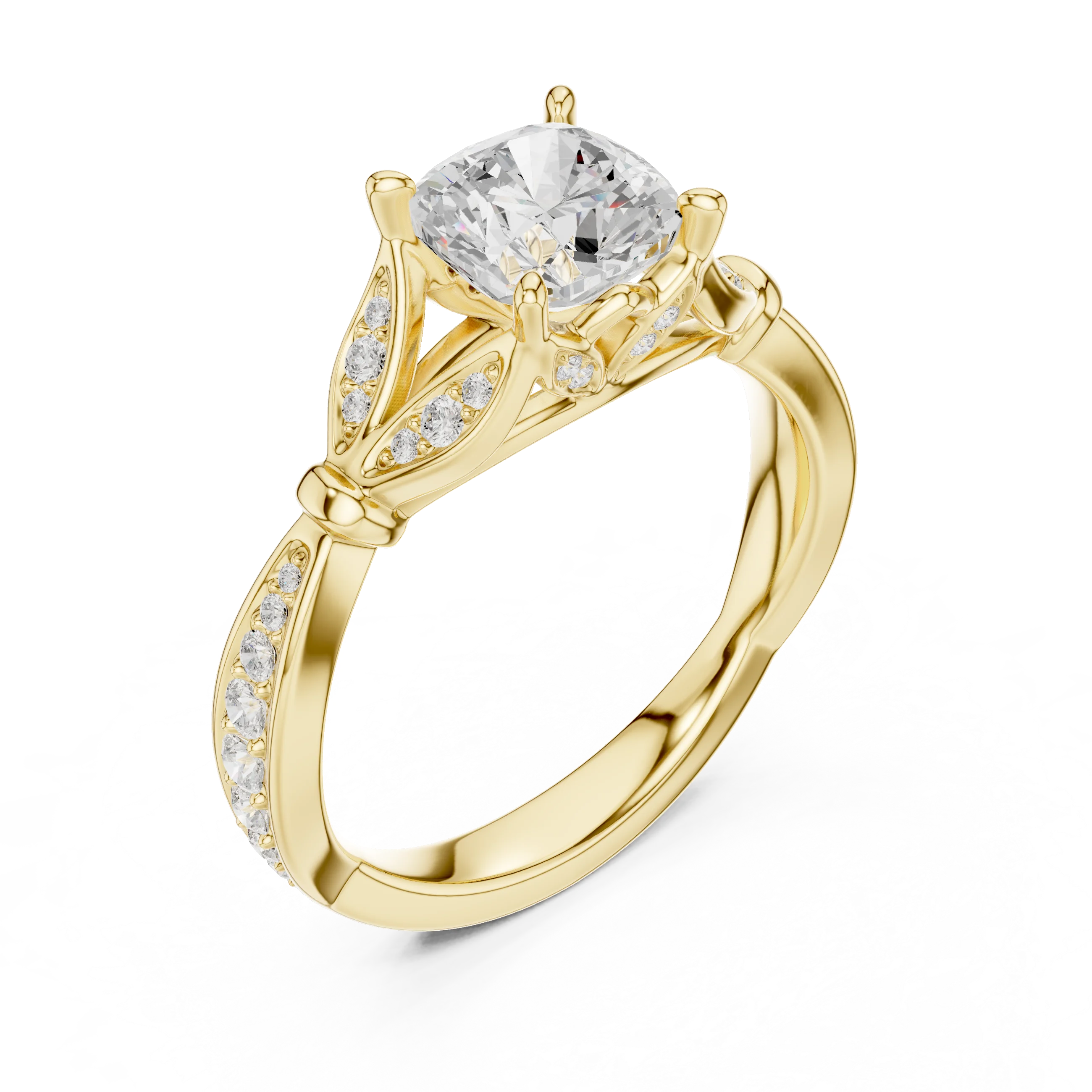 Cushion solitaire ring in yellow gold with floral milgrain pave band and lab-grown diamond – Australia