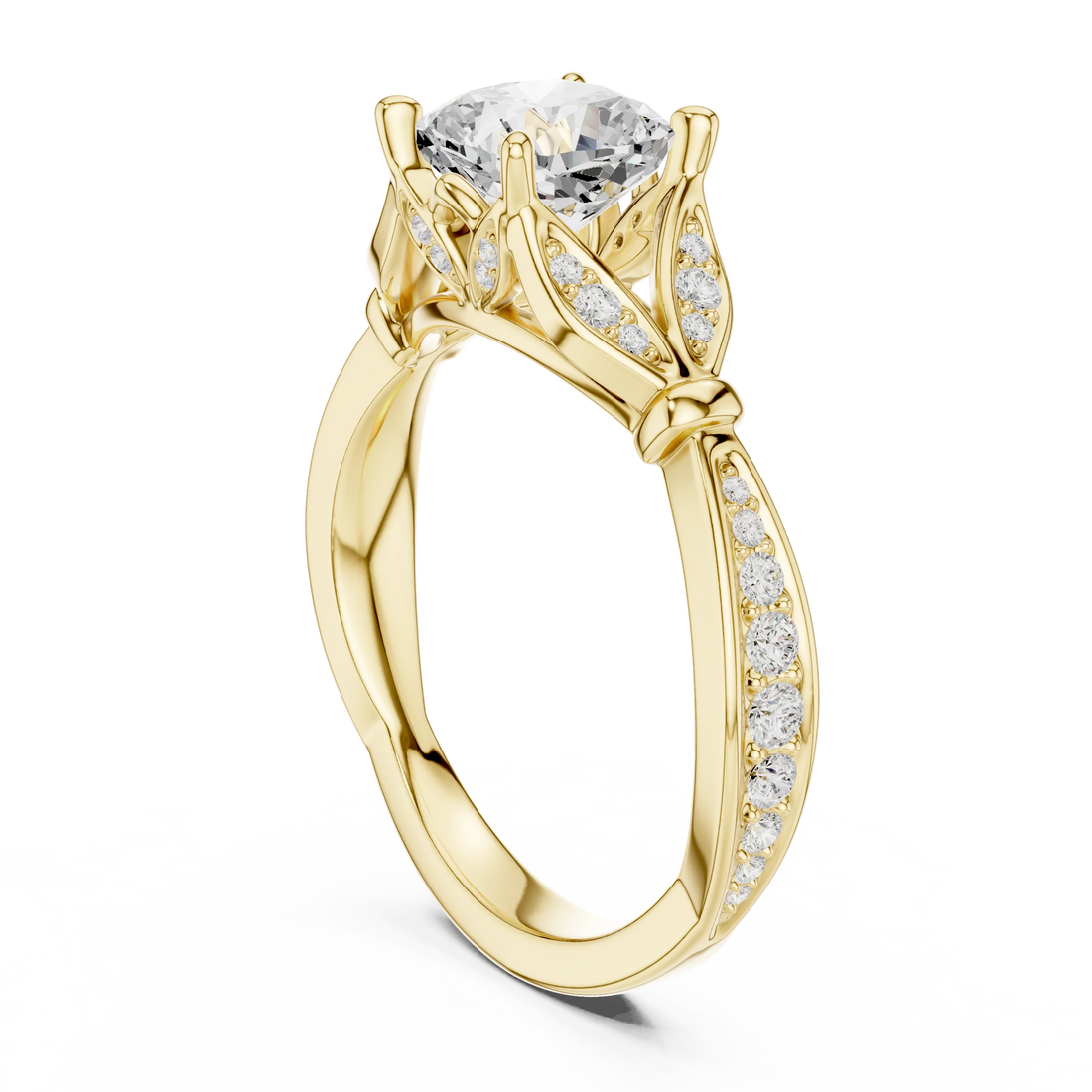 Back side view of yellow gold cushion solitaire ring with floral milgrain pave band and lab-grown diamond – Australia