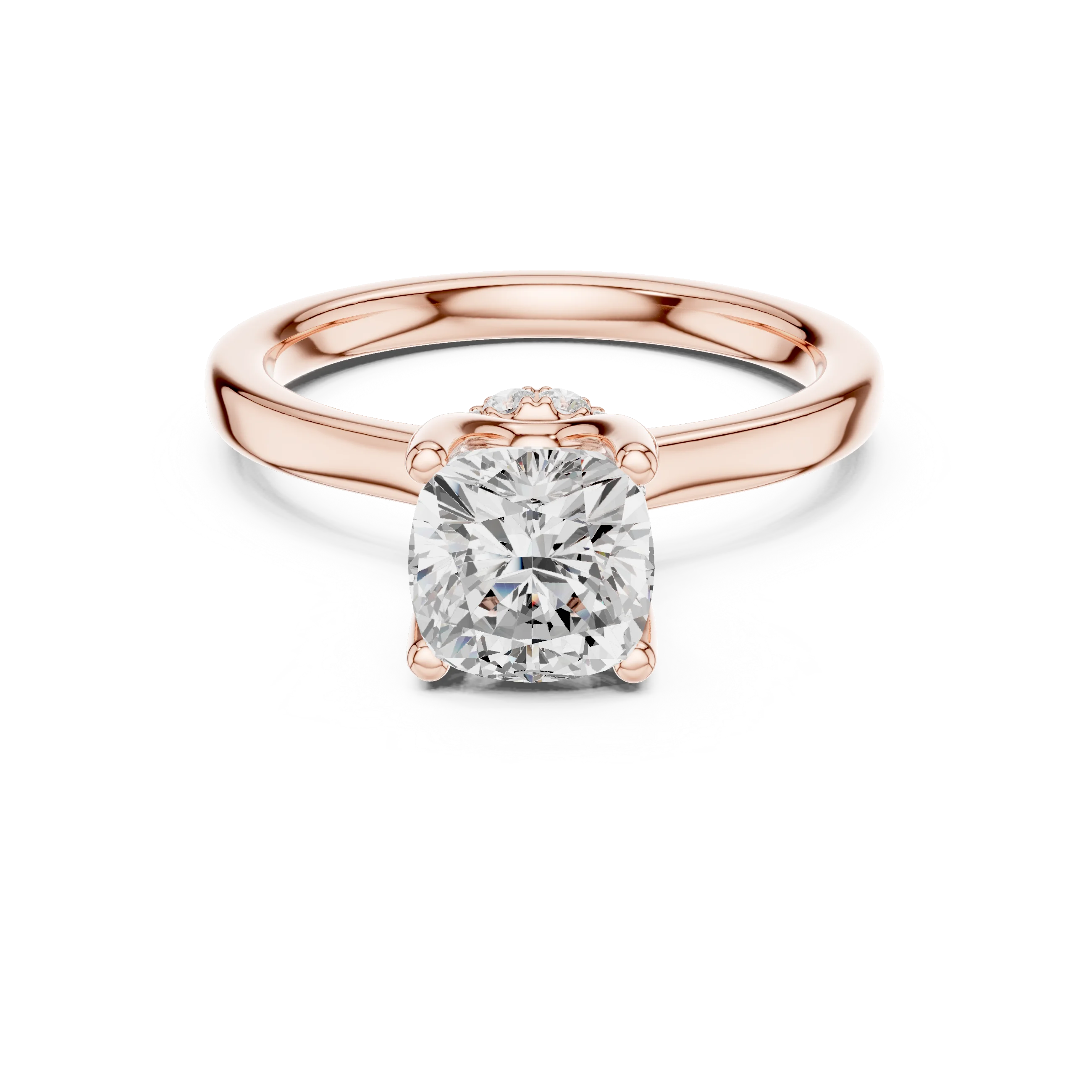 Rose gold cushion cut solitaire ring with hidden halo and domed band featuring lab-grown diamond, modern look