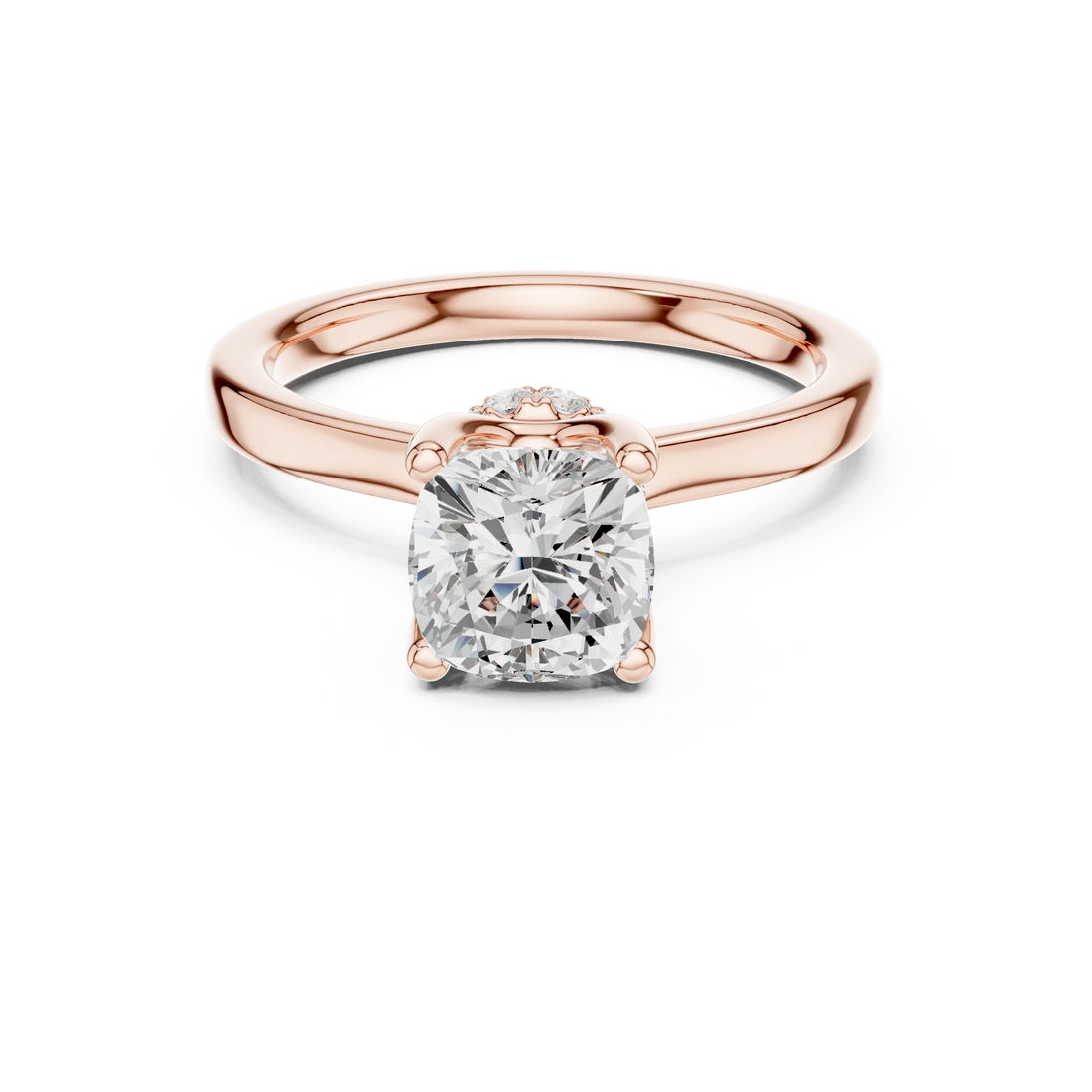 Rose gold cushion cut solitaire ring with hidden halo and domed band featuring lab-grown diamond, modern look