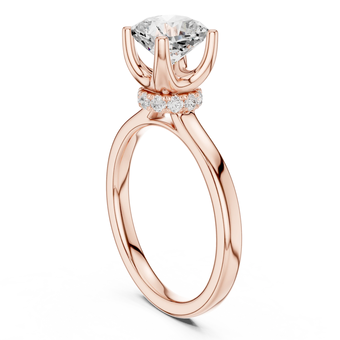 Back view of rose gold cushion cut solitaire ring showing hidden halo and domed band structure