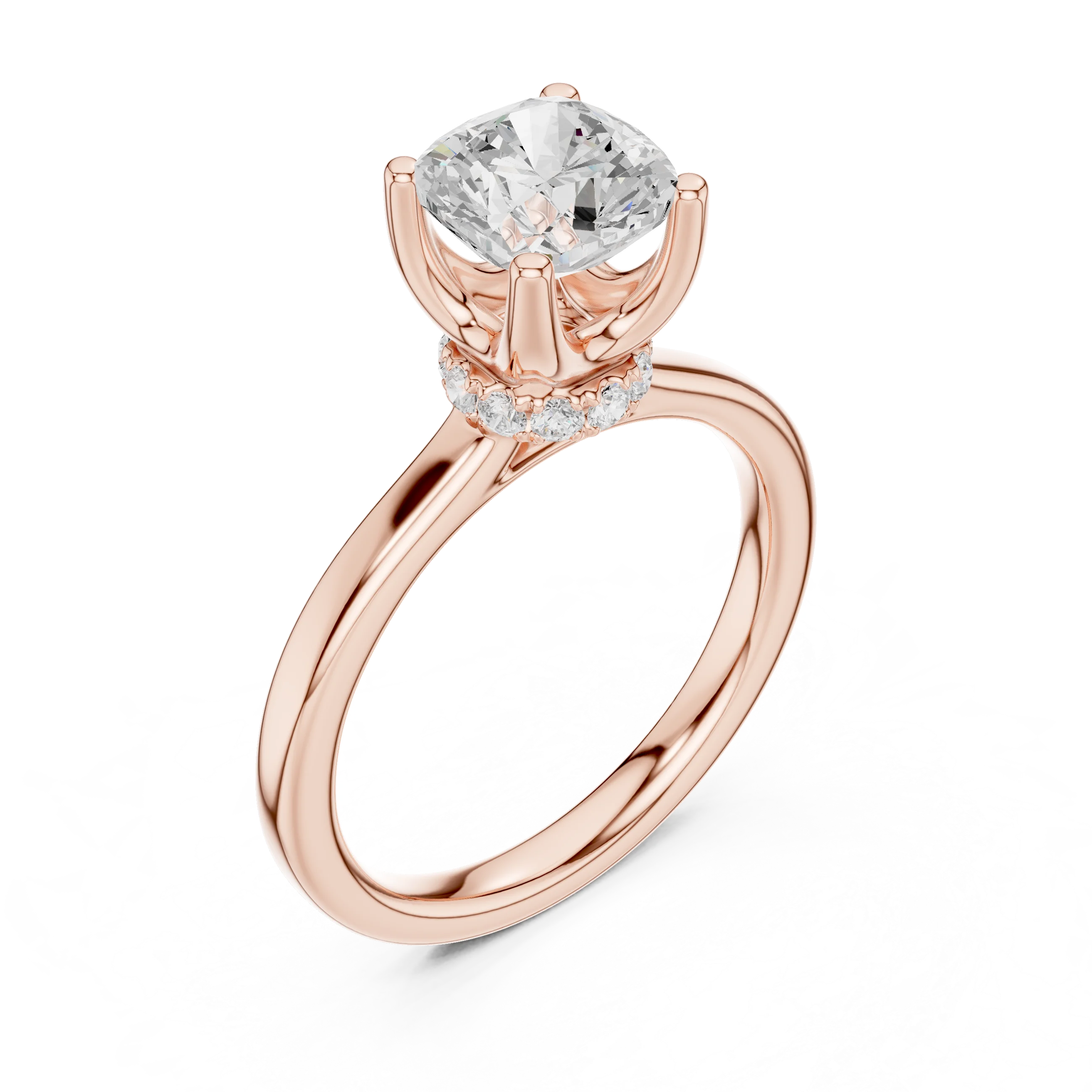 Front view of rose gold cushion cut solitaire ring with hidden halo and domed band and lab-created diamond