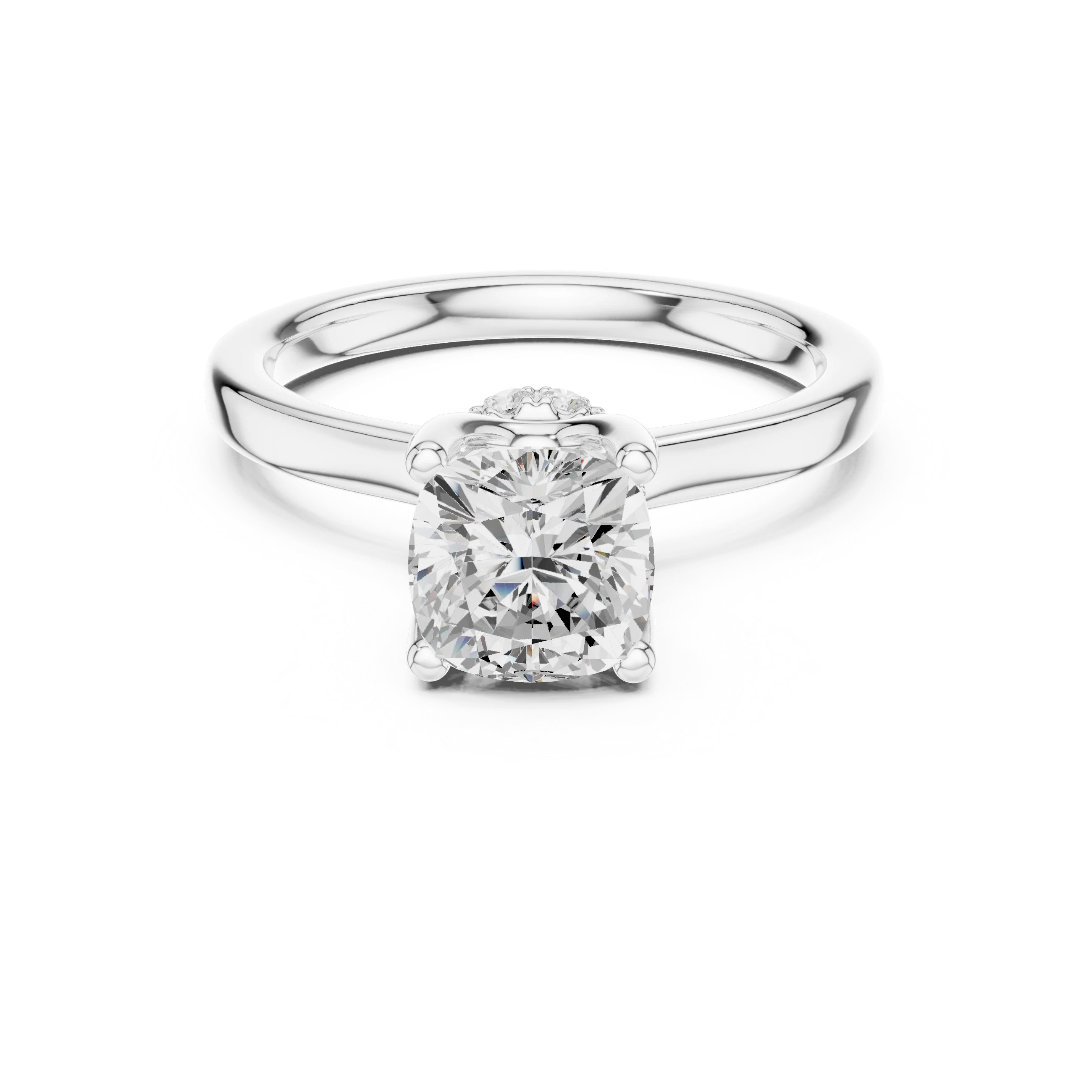 White gold cushion cut solitaire ring with hidden halo and domed band featuring lab-grown diamond, elegant design