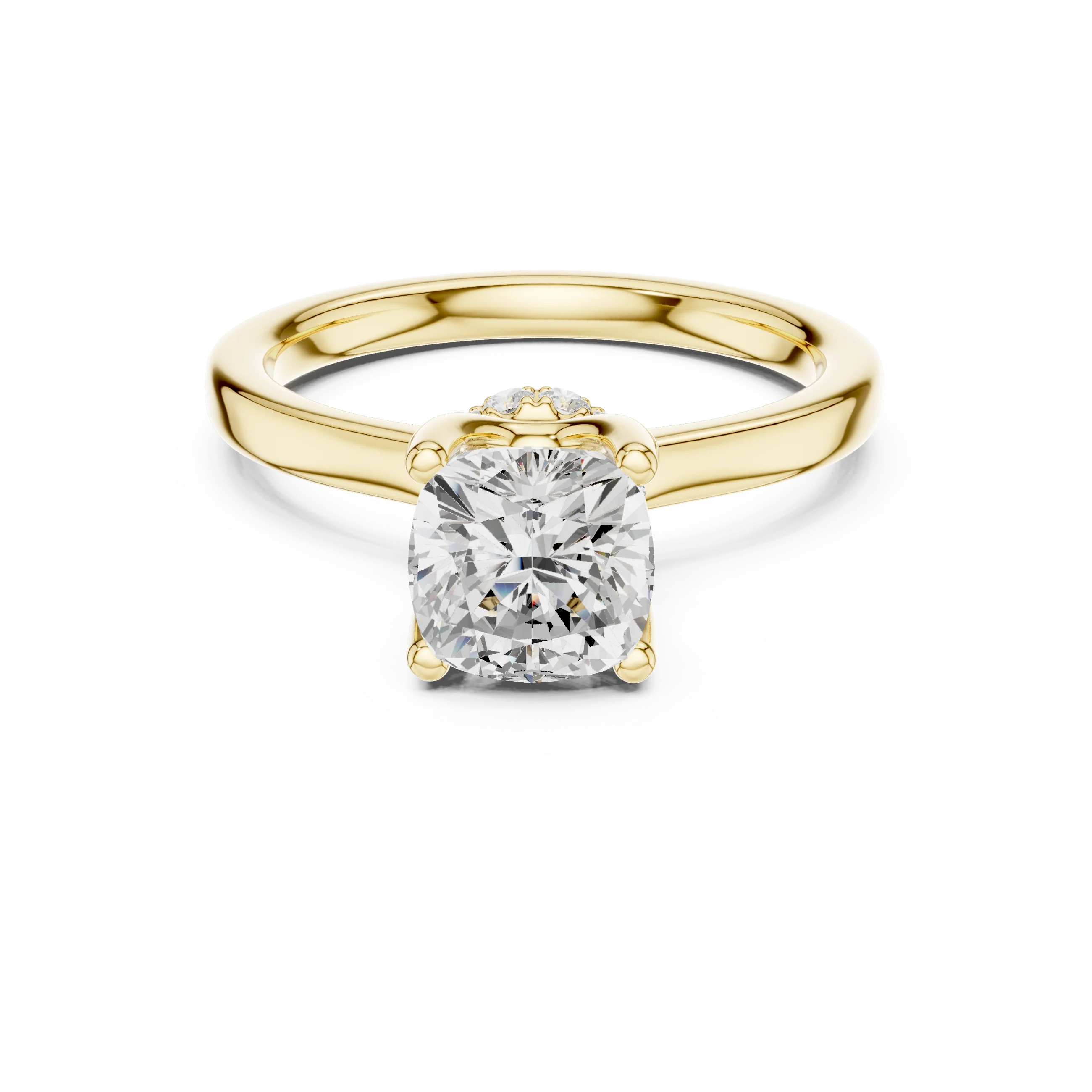 Yellow gold cushion cut solitaire ring with hidden halo and domed band featuring lab-grown diamond, classic style