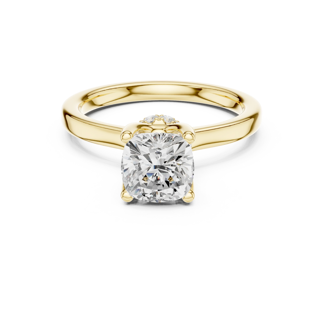 Yellow gold cushion cut solitaire ring with hidden halo and domed band featuring lab-grown diamond, classic style