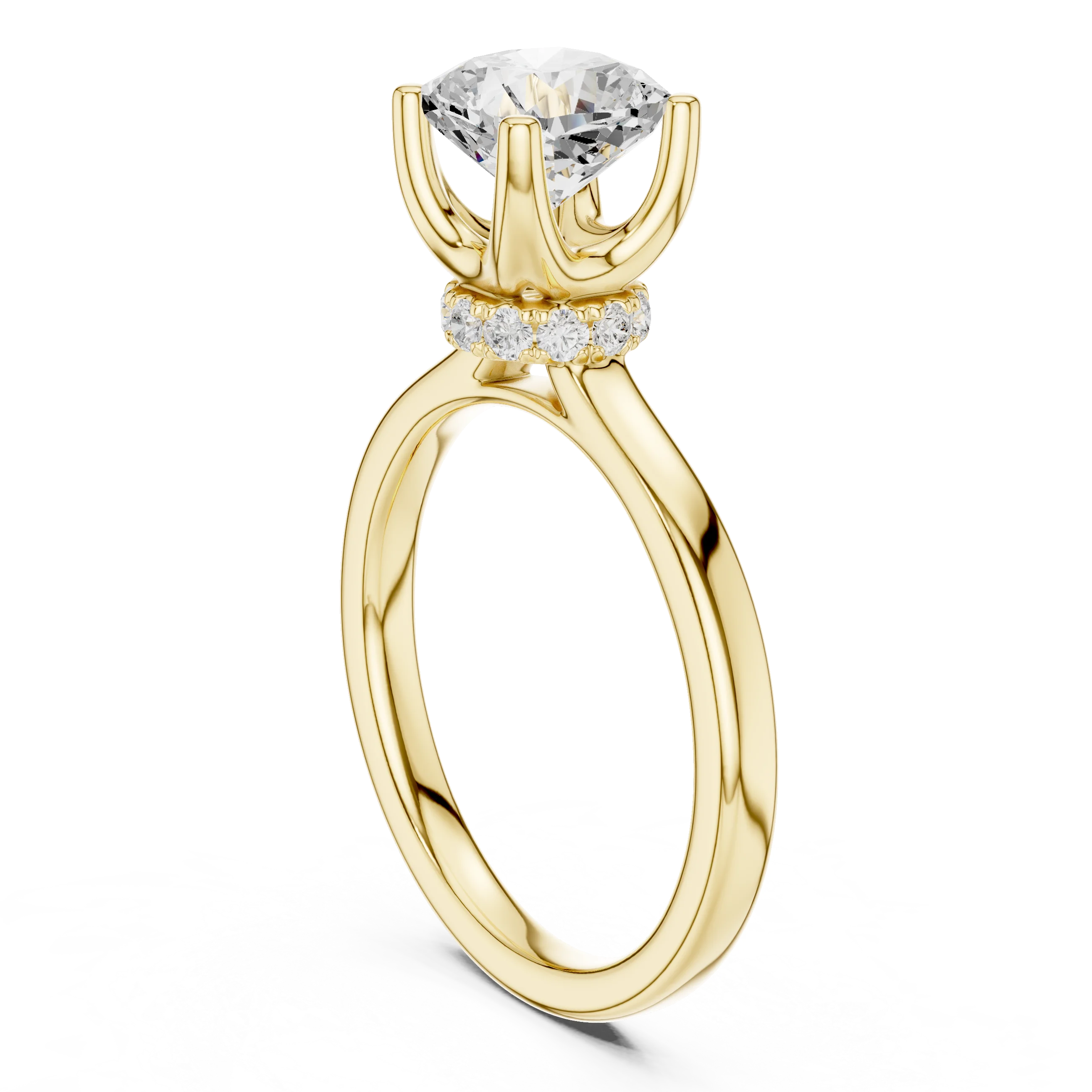 Back view of yellow gold cushion cut solitaire ring showing hidden halo and domed band details