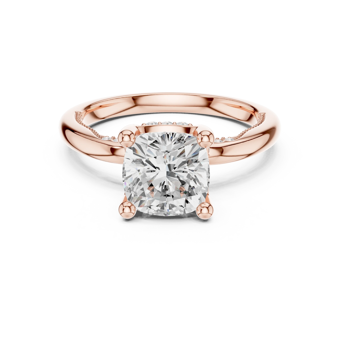Rose gold cushion cut solitaire ring with hidden halo and domed band featuring lab-grown diamond, modern look