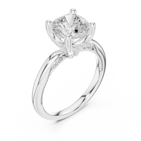 Front view of white gold cushion cut solitaire ring with hidden halo and domed band and lab-created diamond