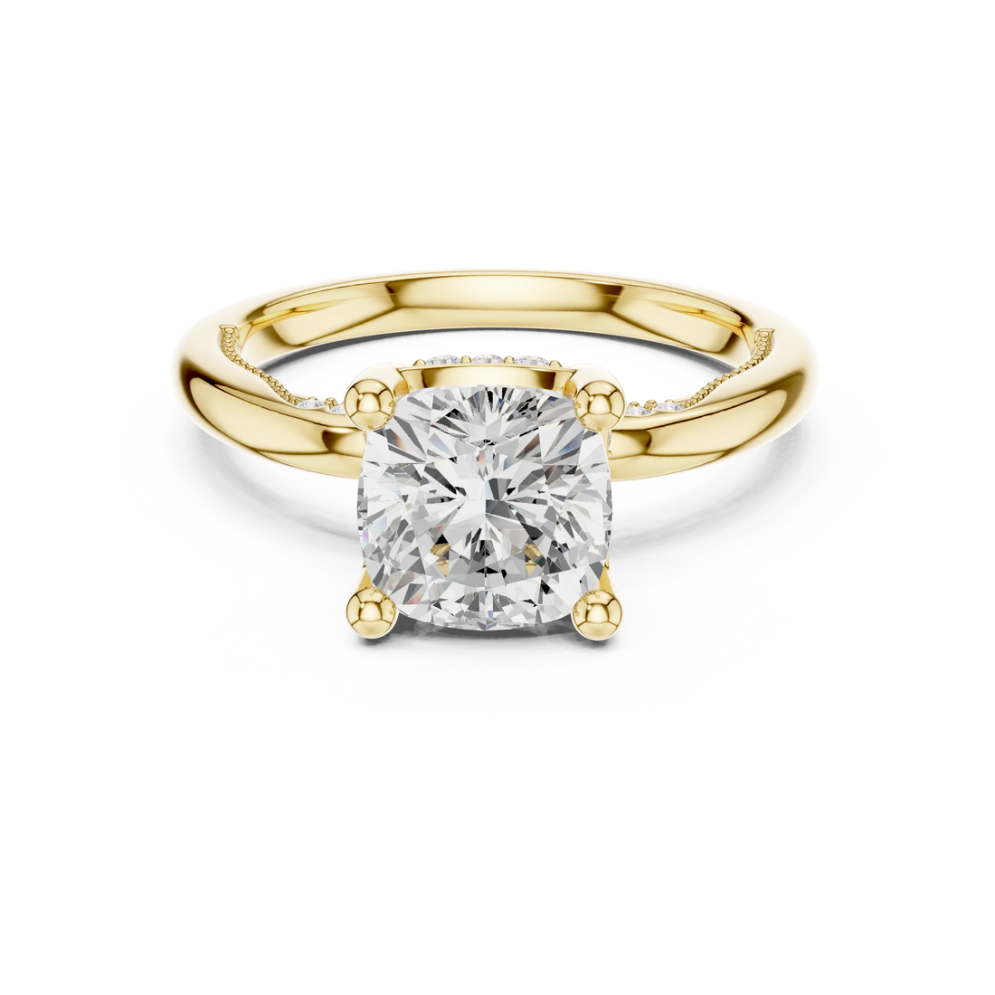 Yellow gold cushion cut solitaire ring with hidden halo and domed band featuring lab-grown diamond, classic style