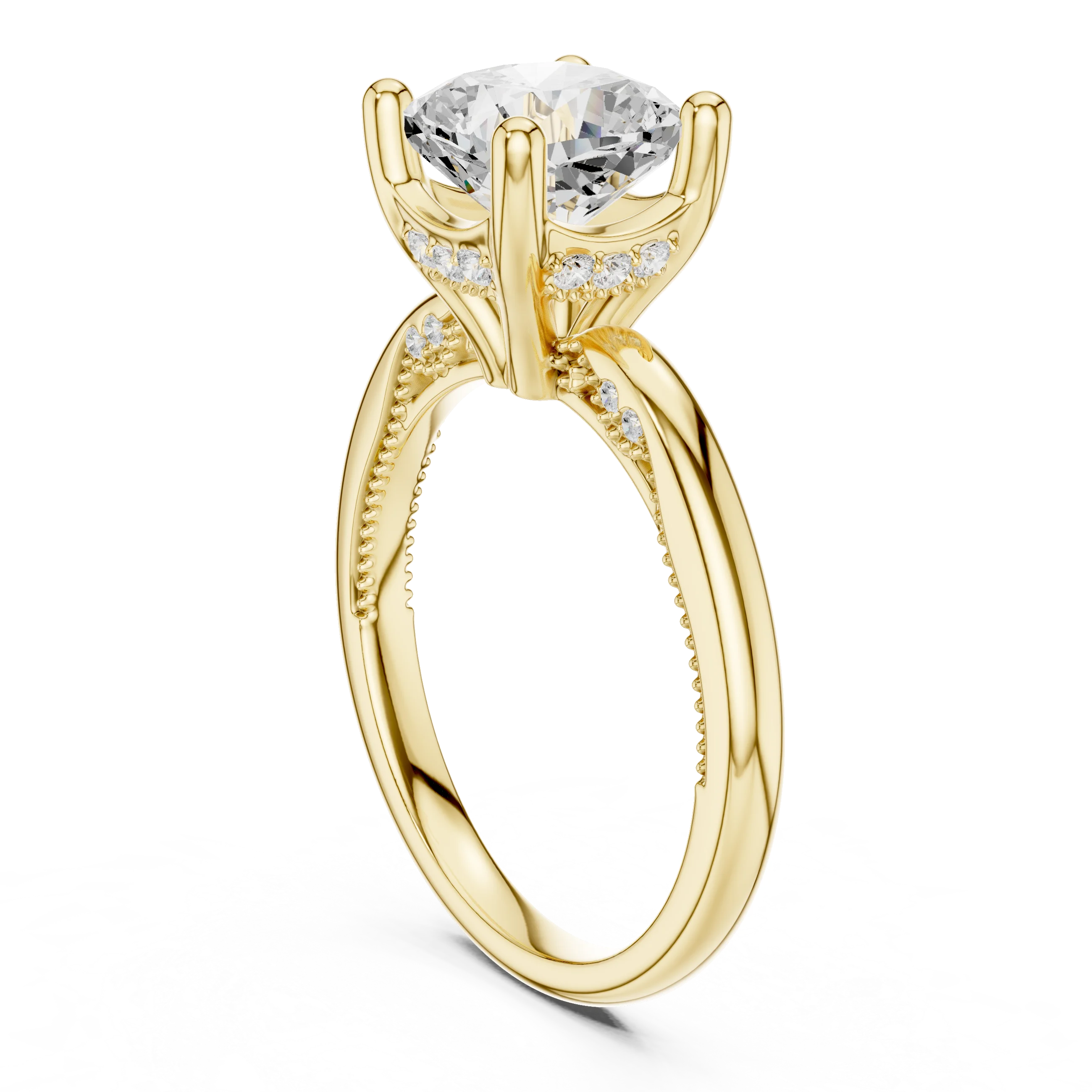 Back side view of yellow gold cushion cut solitaire ring showing hidden halo and domed band details