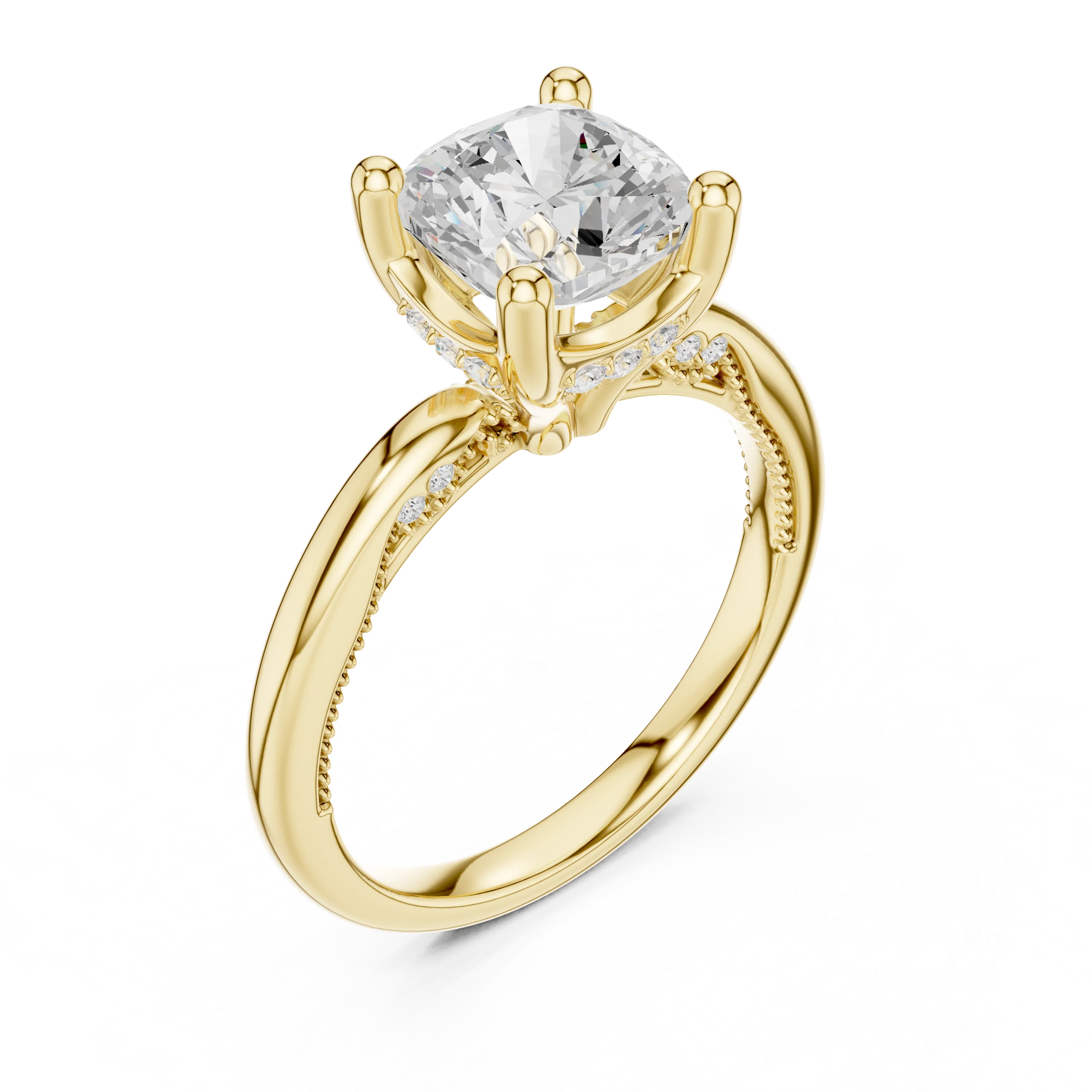 Front view of yellow gold cushion cut solitaire ring with hidden halo and domed band and lab-created diamond