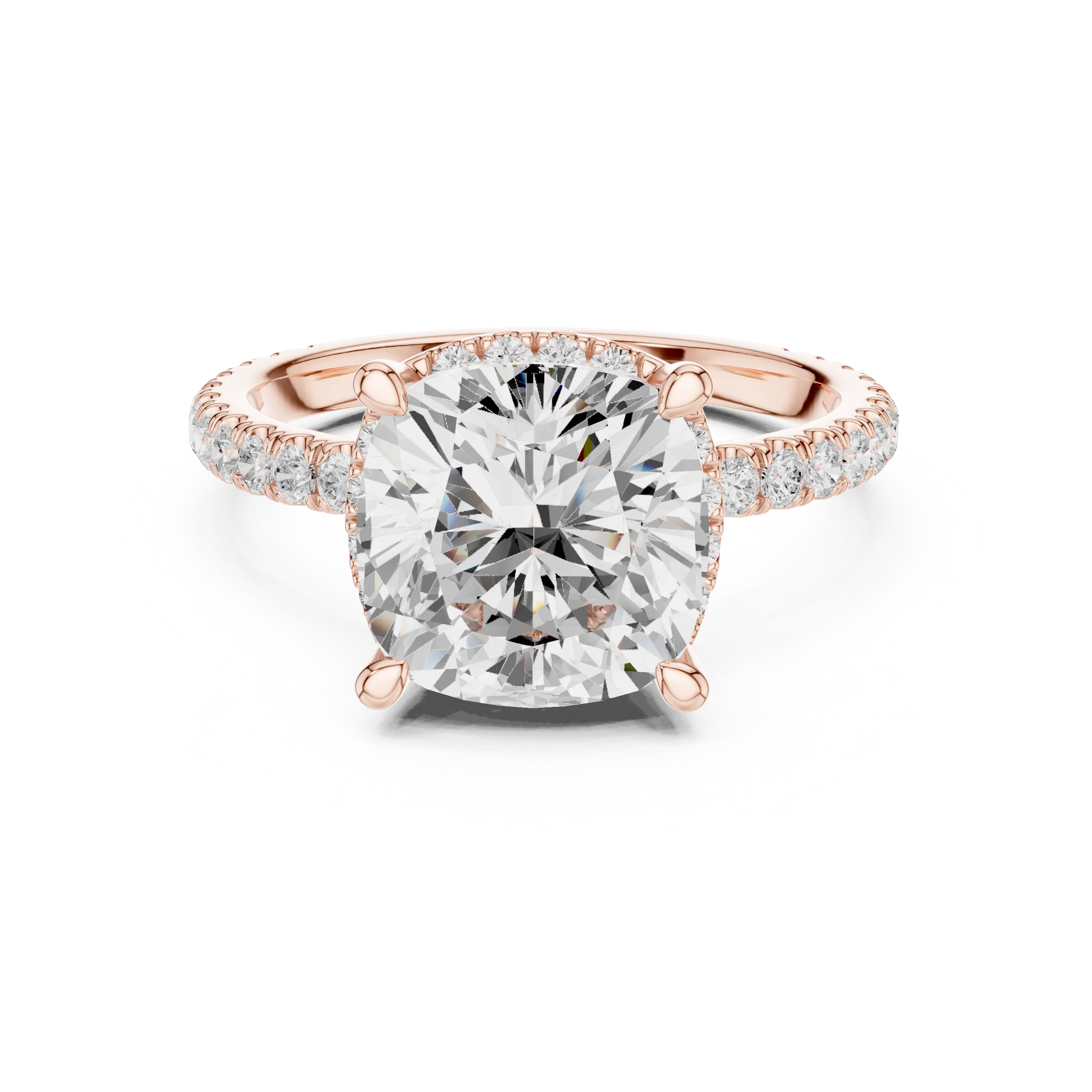 Rose gold cushion cut solitaire ring with hidden halo and thin pavé band featuring lab-grown diamond, modern romantic look