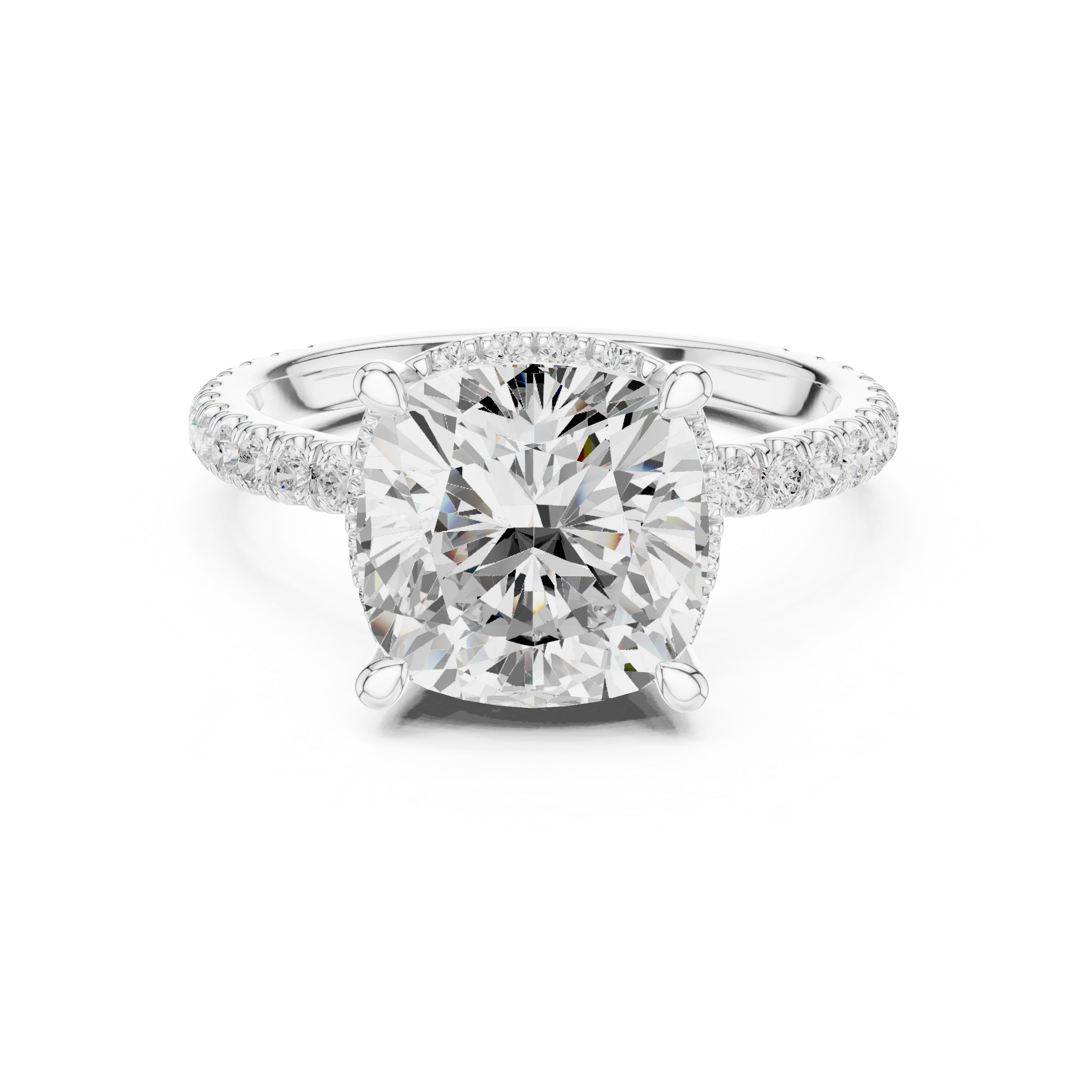 White gold cushion cut solitaire ring with hidden halo and thin pavé band featuring lab-grown diamond, soft elegant design