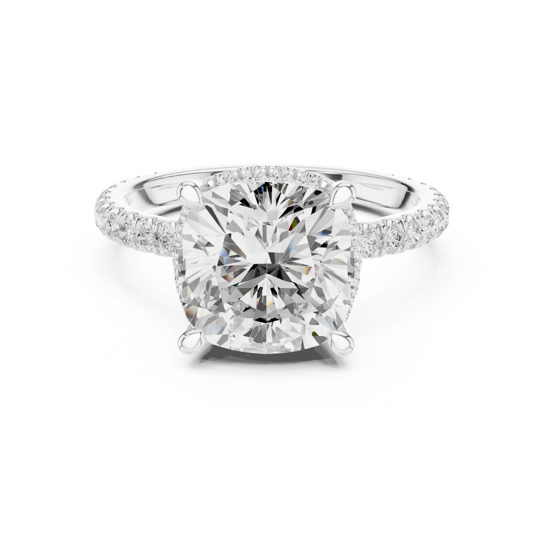 White gold cushion cut solitaire ring with hidden halo and thin pavé band featuring lab-grown diamond, soft elegant design