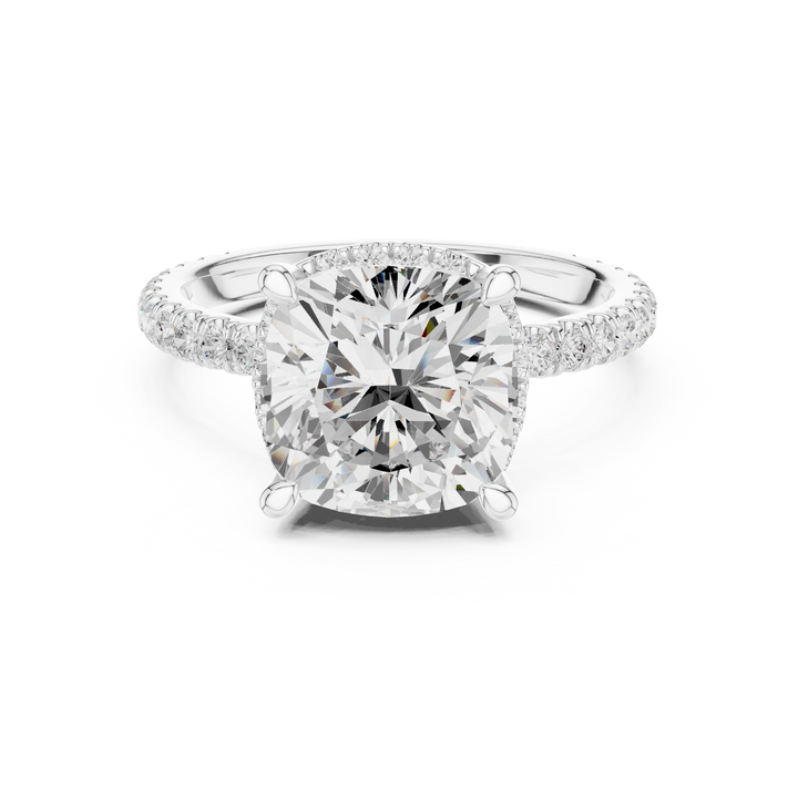 White gold cushion cut solitaire ring with hidden halo and thin pavé band featuring lab-grown diamond, soft elegant design
