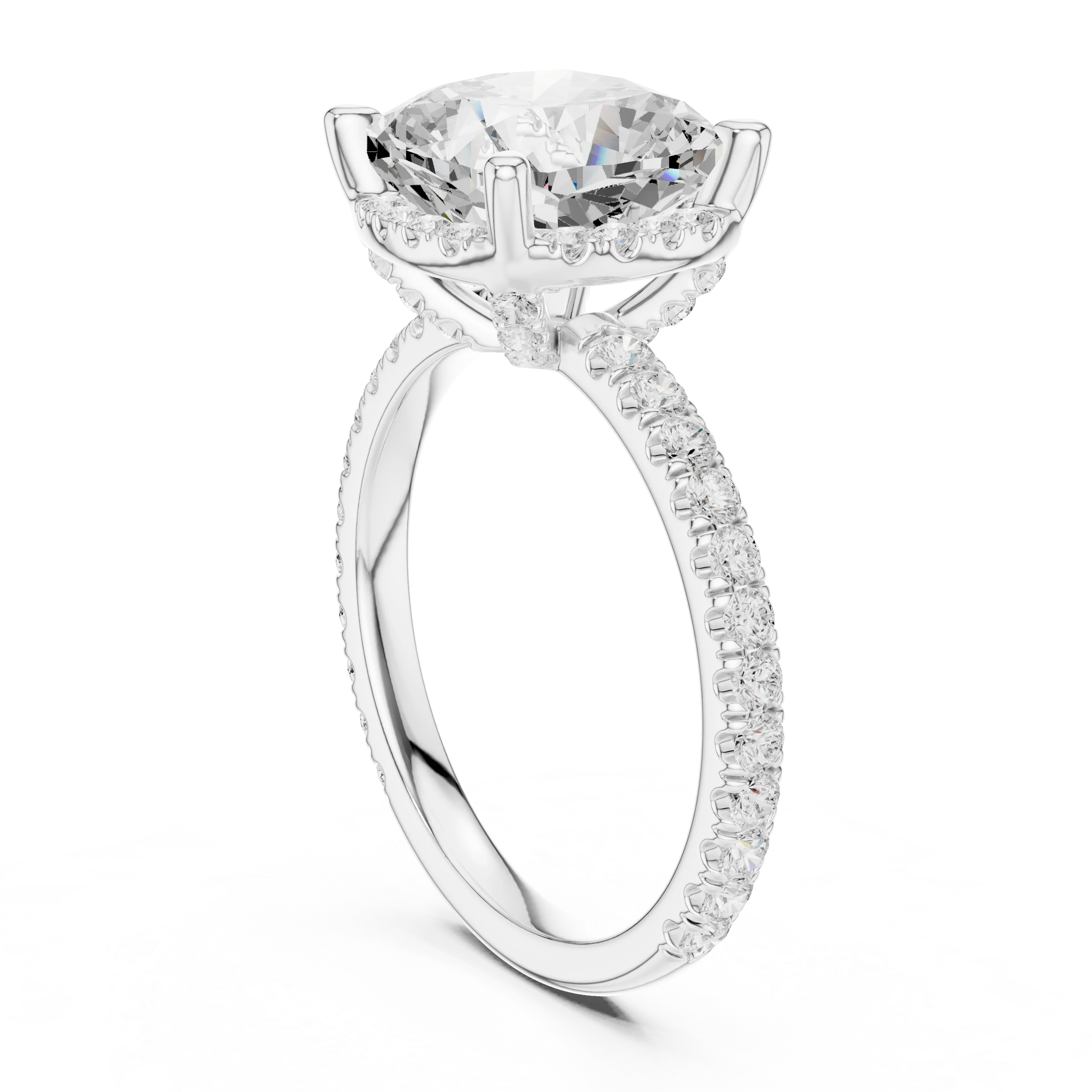Back side view of white gold cushion cut solitaire ring showing hidden halo and thin pavé band details