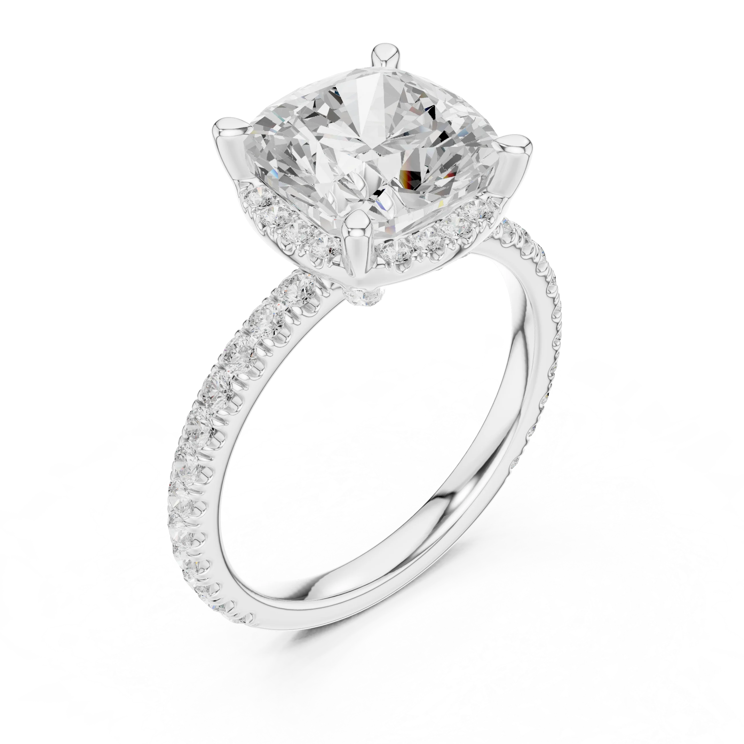 Front view of white gold cushion cut solitaire ring with hidden halo and thin pavé diamond band and lab-created diamond