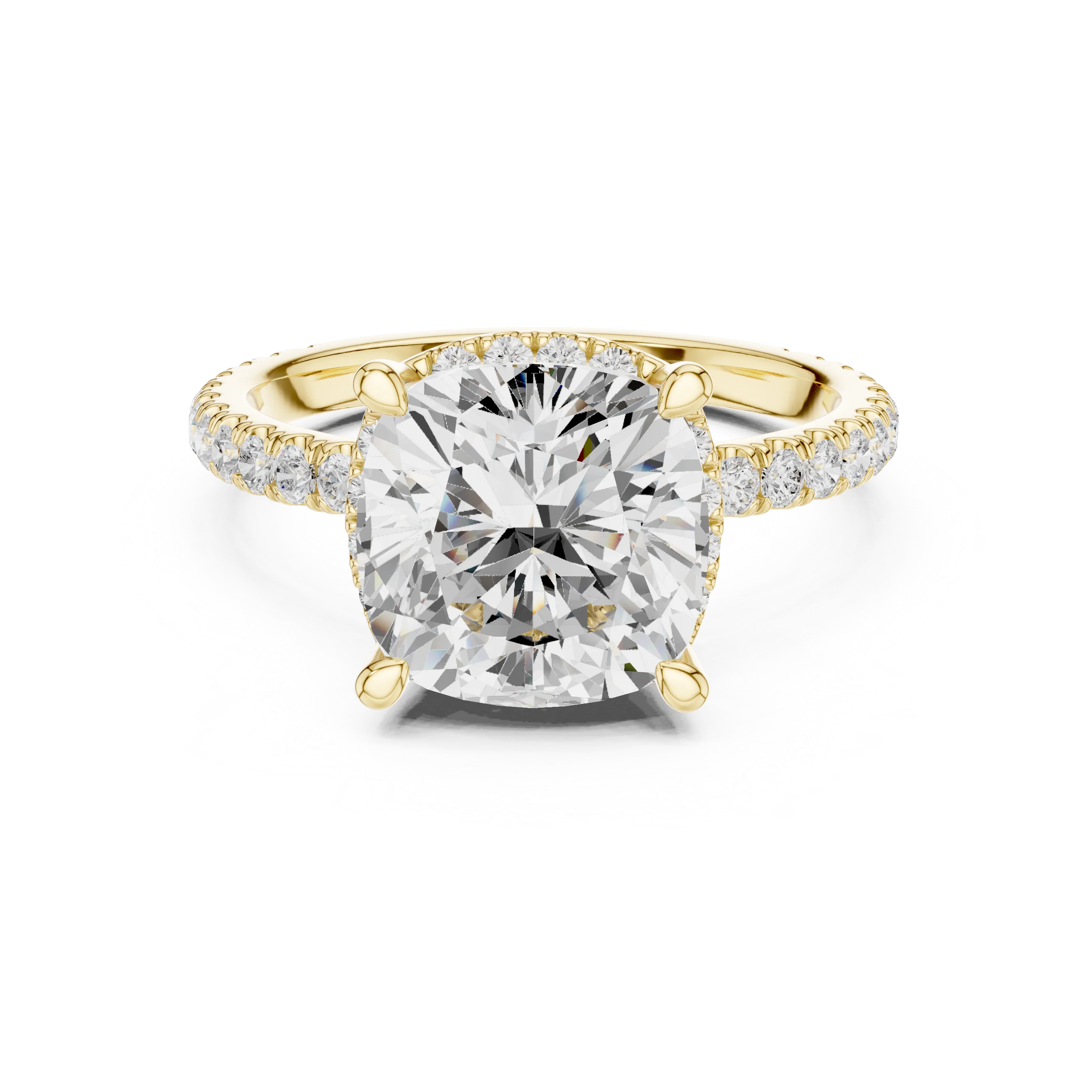 Yellow gold cushion cut solitaire ring with hidden halo and thin pavé band featuring lab-grown diamond, classic elegant style