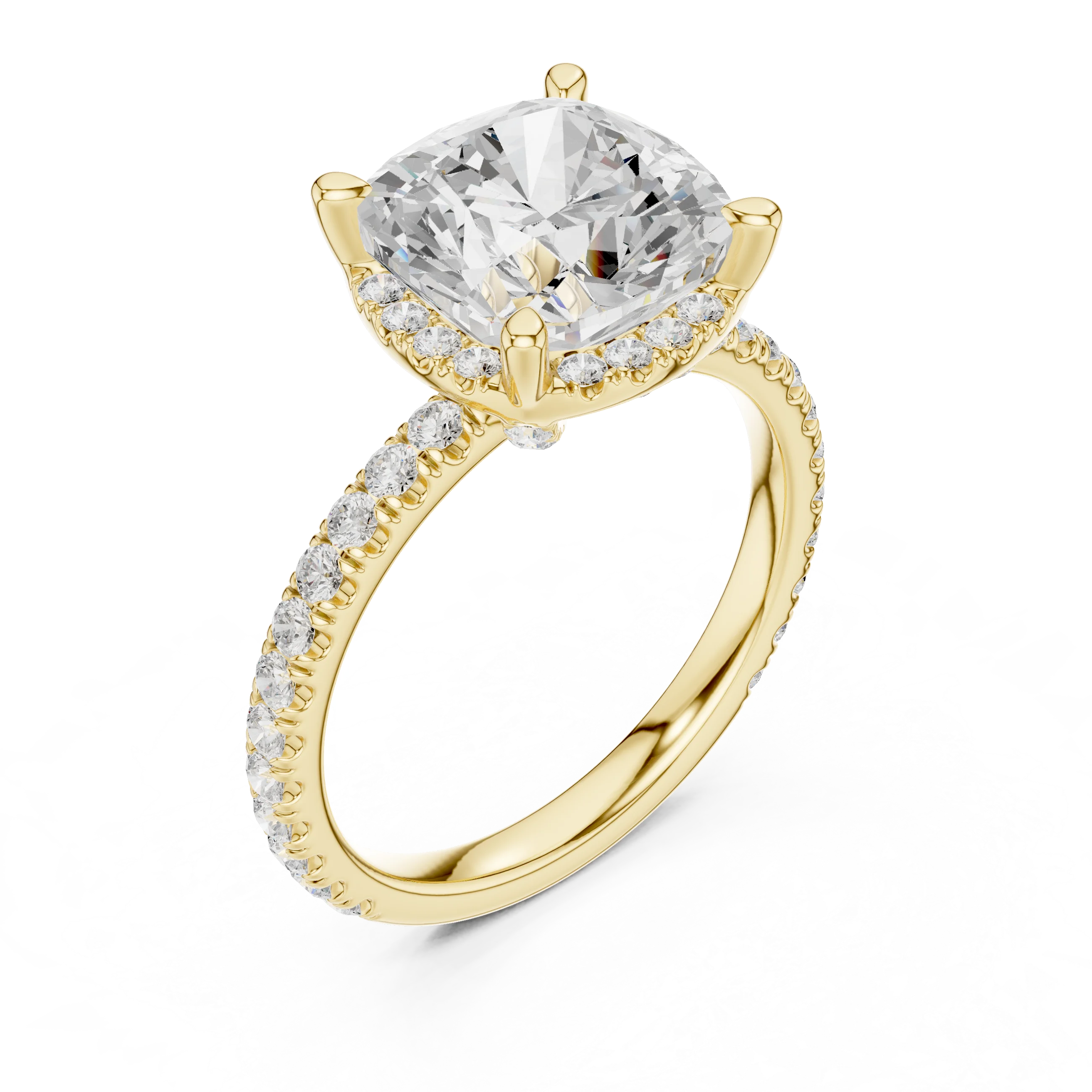 Front view of yellow gold cushion cut solitaire ring with hidden halo and thin pavé diamond band and lab-created diamond