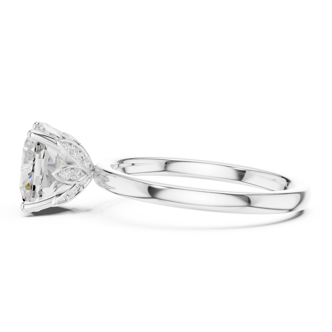 Side view of white gold cushion cut solitaire ring with domed band and raised setting