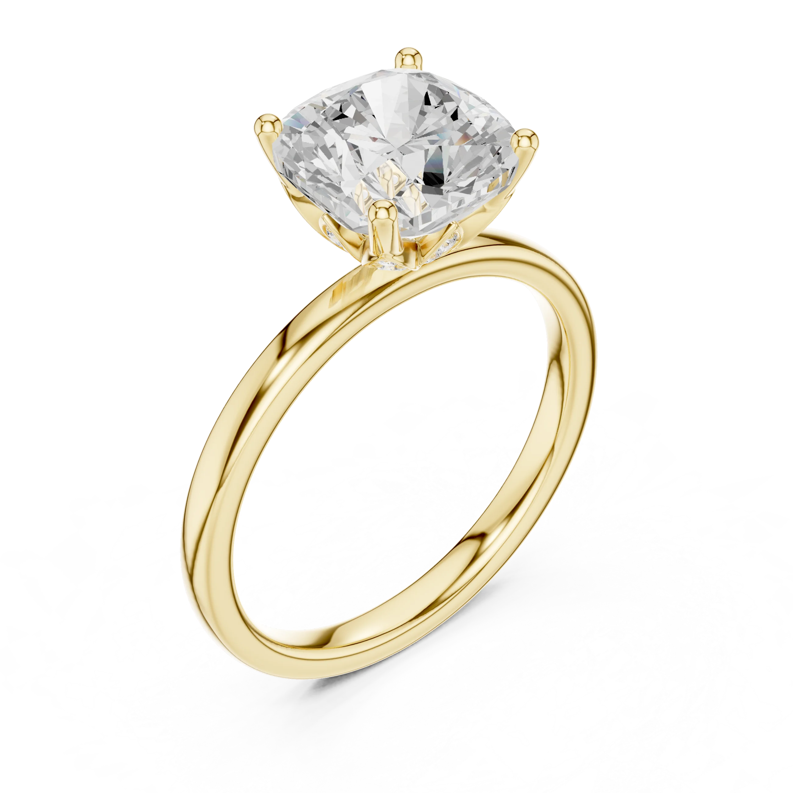 Front view of yellow gold cushion cut solitaire ring with domed band and center gemstone