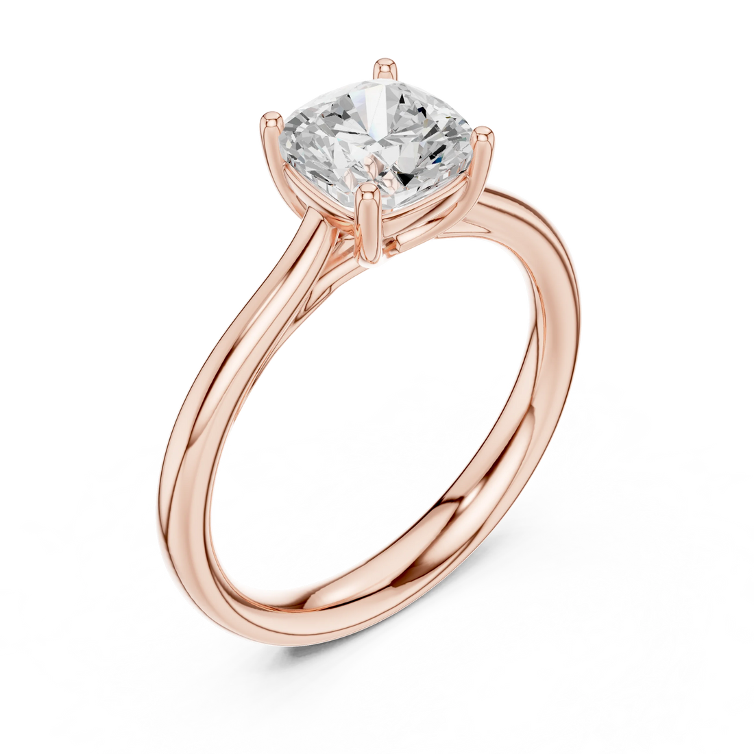 Front view of rose gold cushion cut solitaire ring featuring lab-grown diamond brilliance