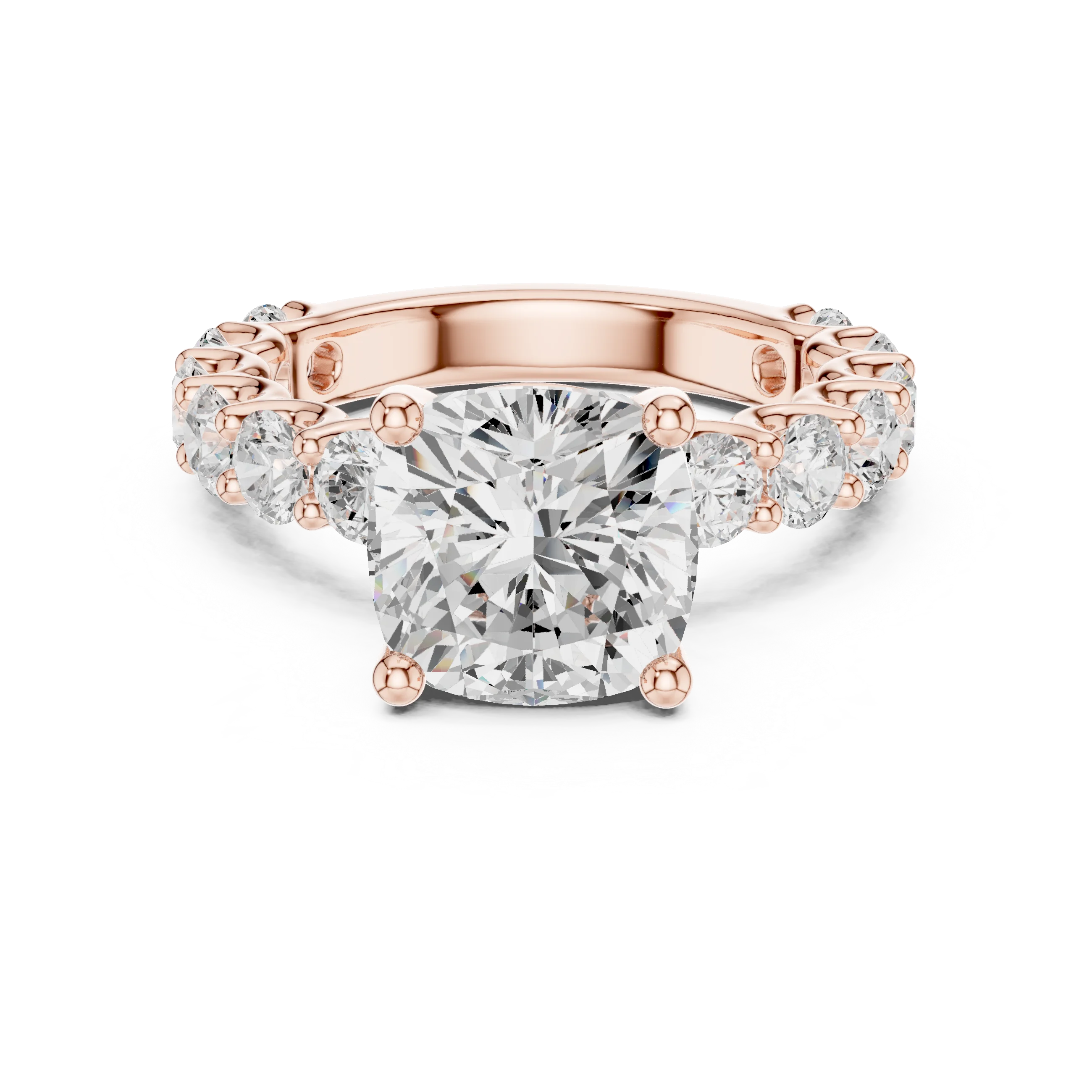 Lab-grown cushion cut solitaire ring in rose gold with shared prong large stone band