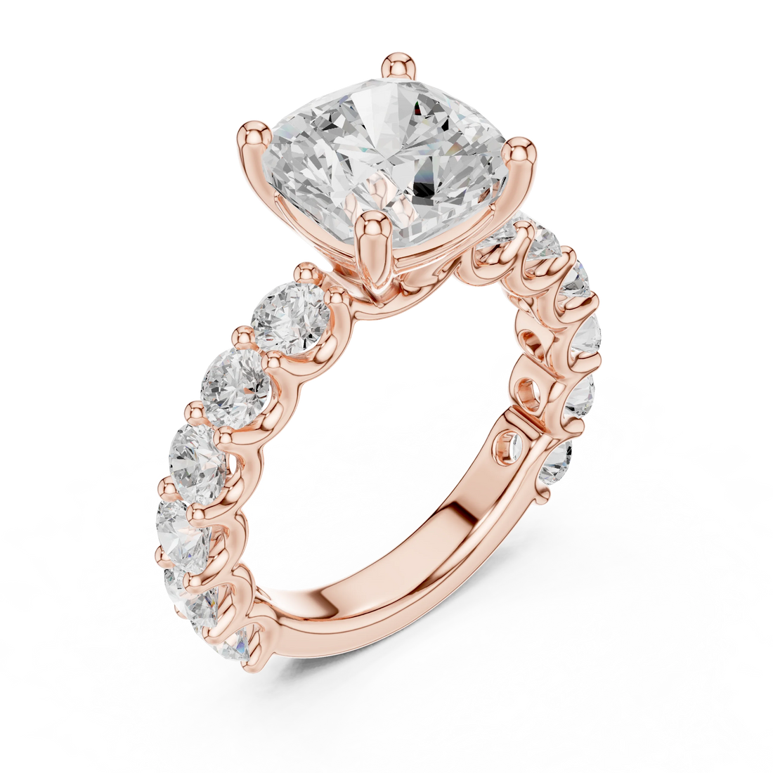 Front view of rose gold cushion cut solitaire ring with shared prong large stone band and center stone