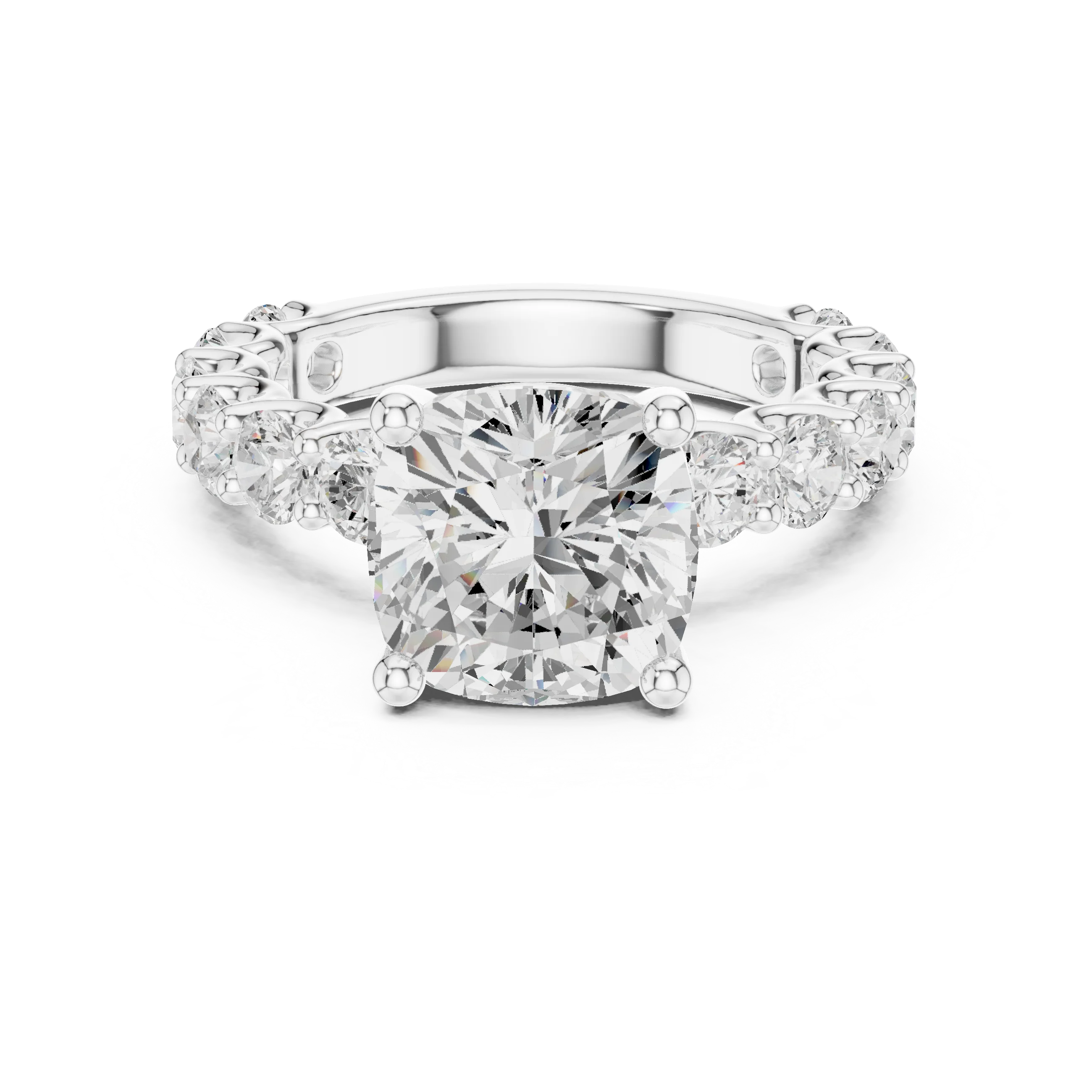 Lab-grown cushion cut solitaire ring in white gold with shared prong large stone band