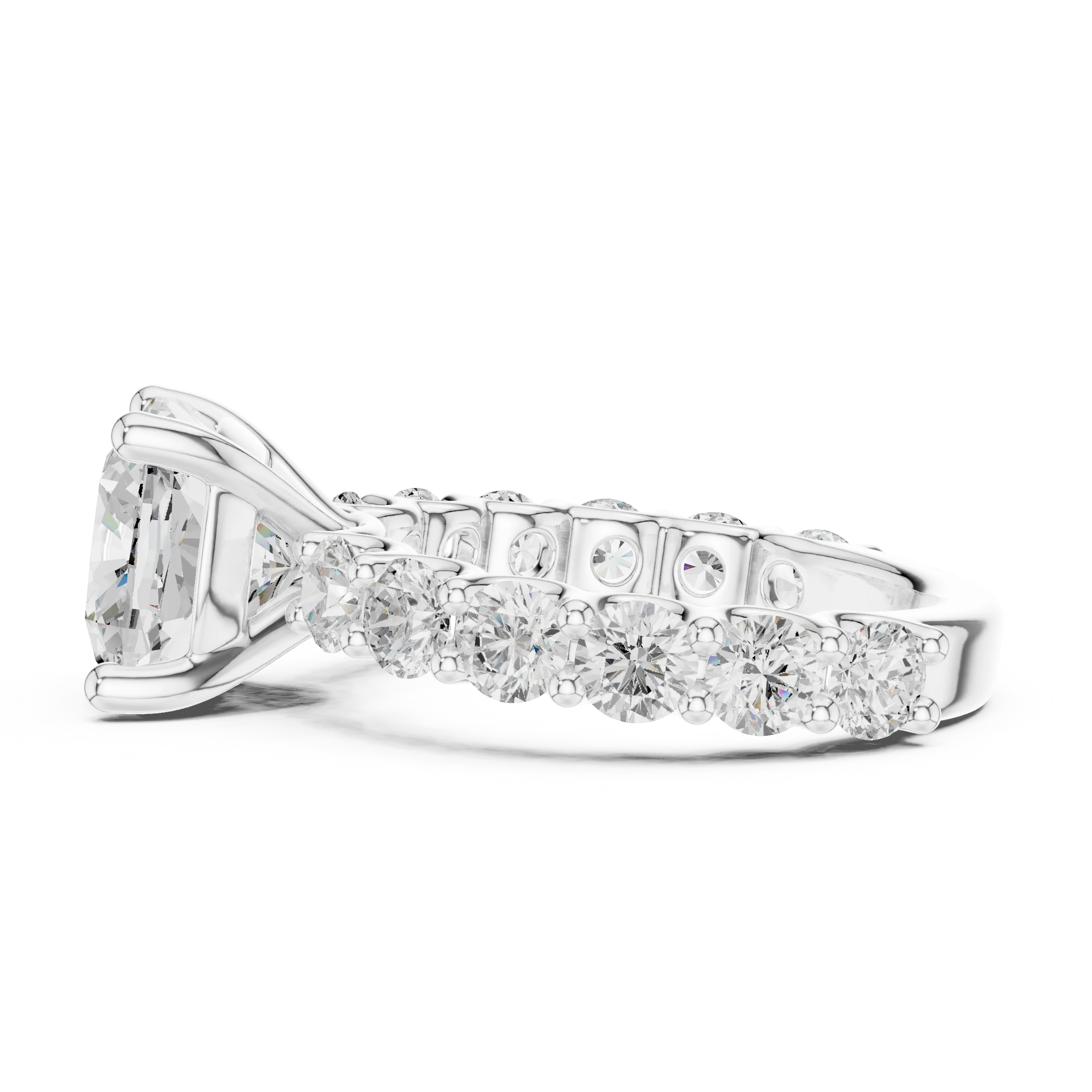Side view of white gold cushion cut solitaire ring with shared prong large stone band and elevated setting