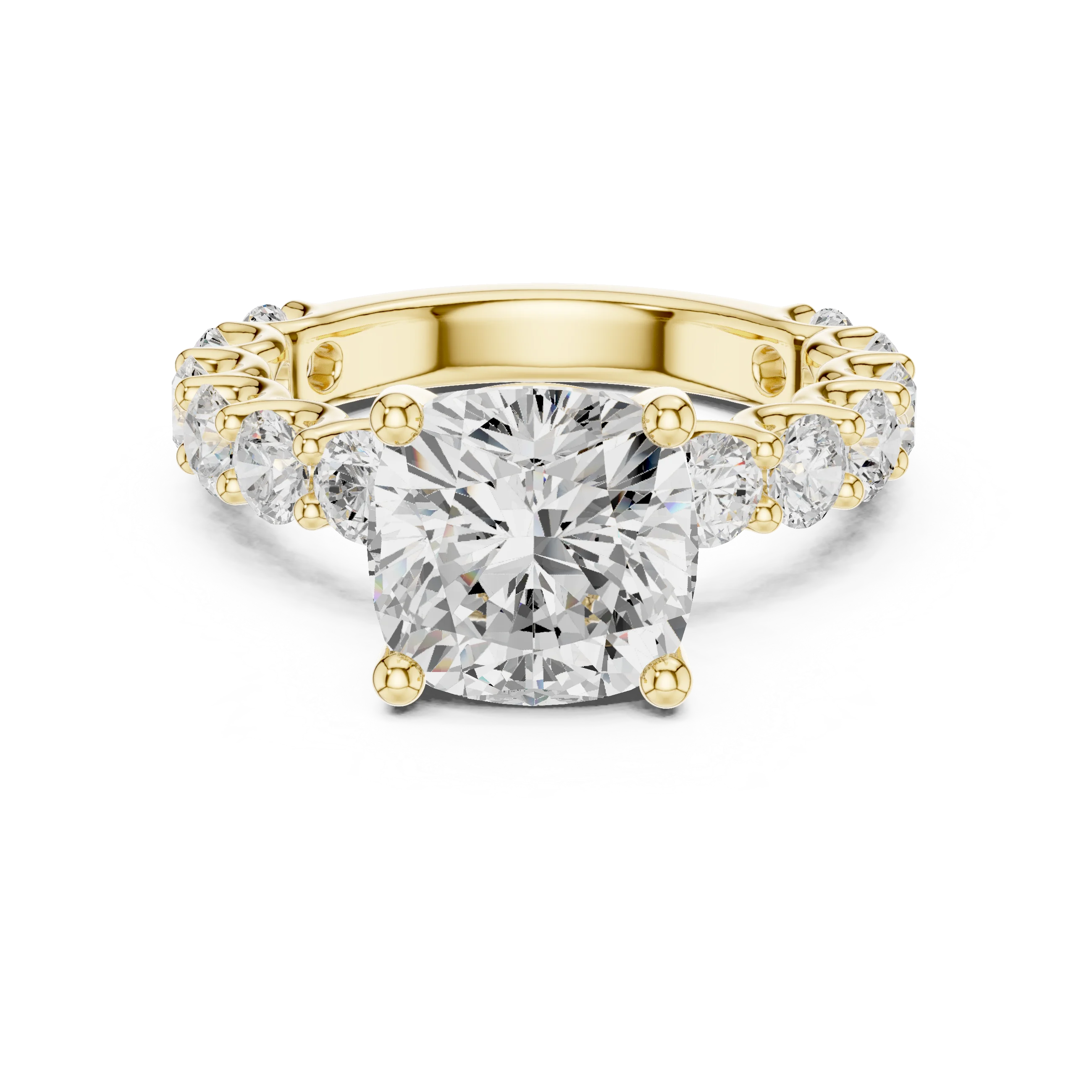 Lab-grown cushion cut solitaire ring in yellow gold with shared prong large stone band