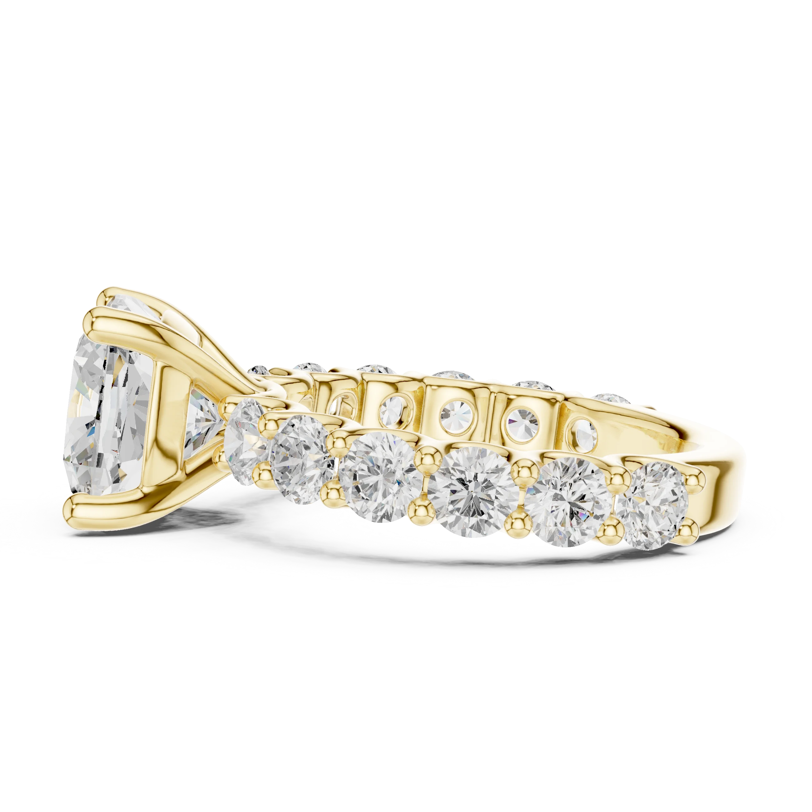 Side view of yellow gold cushion cut solitaire ring with shared prong large stone band and prong setting