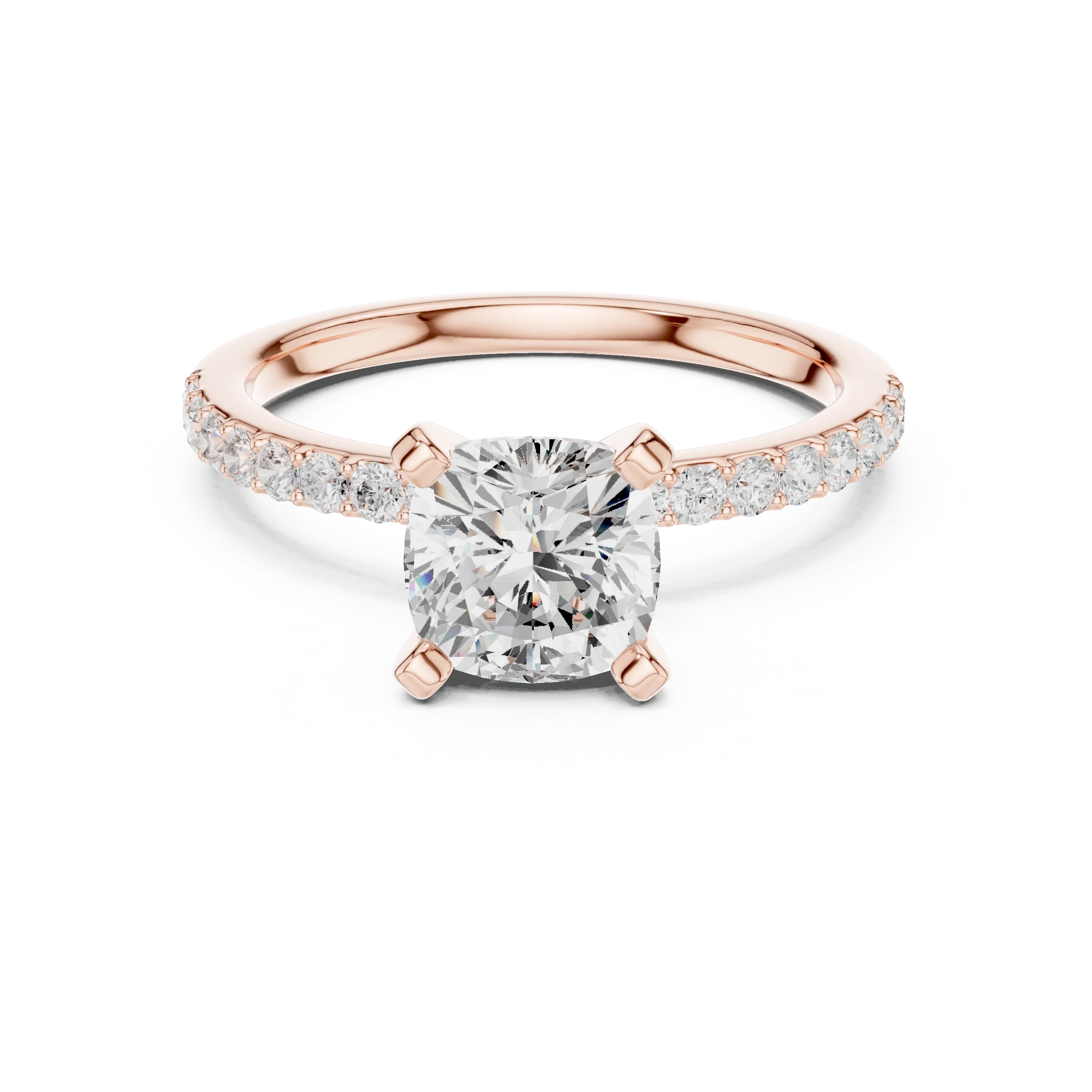 Lab-grown cushion solitaire diamond ring in rose gold with thin pavé band