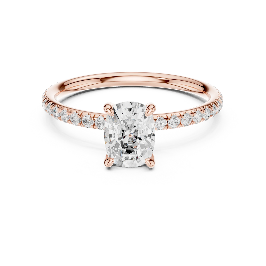 Lab-grown cushion cut solitaire ring in rose gold with thin pavé diamond band