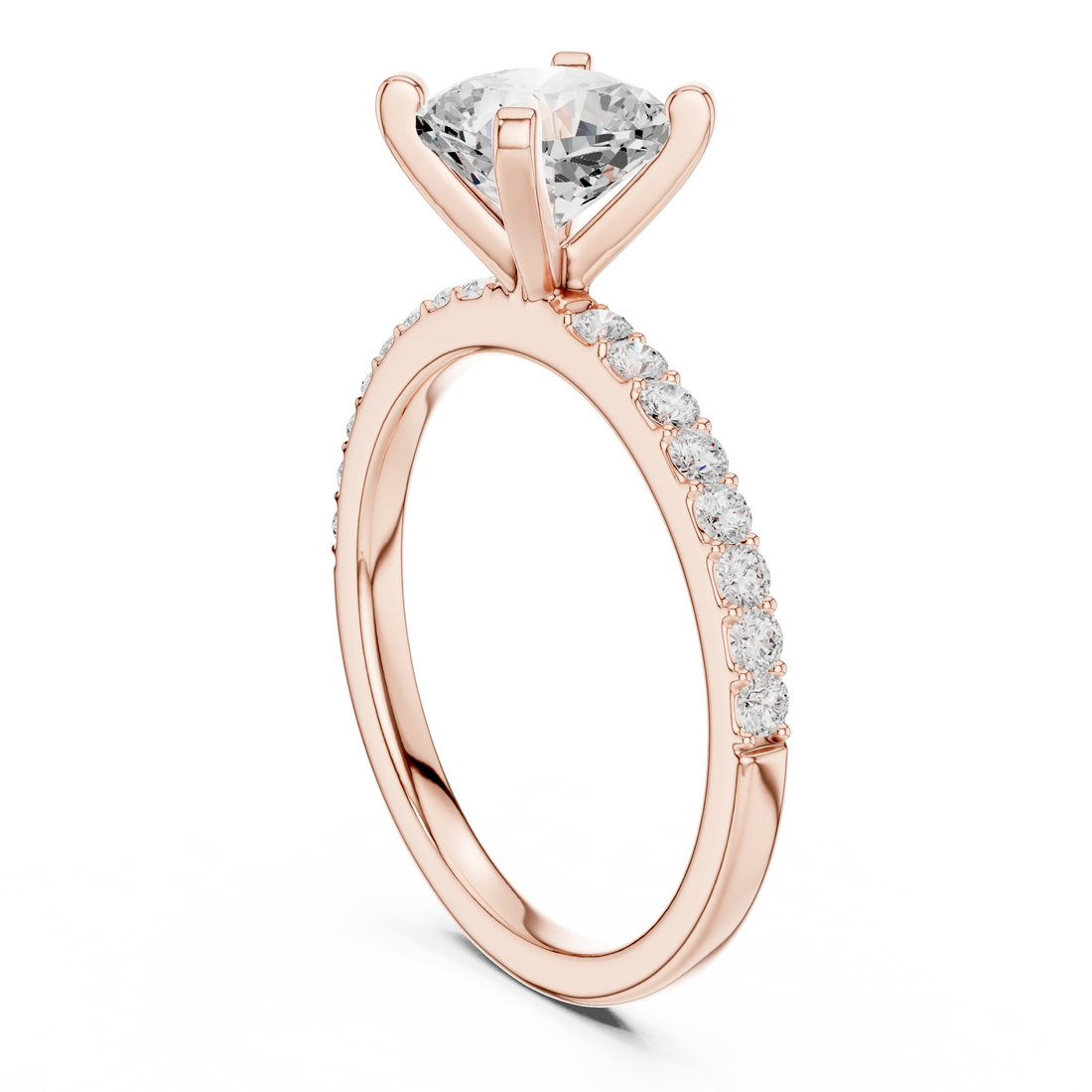 Back side view of rose gold cushion solitaire ring showing thin pavé band and setting details