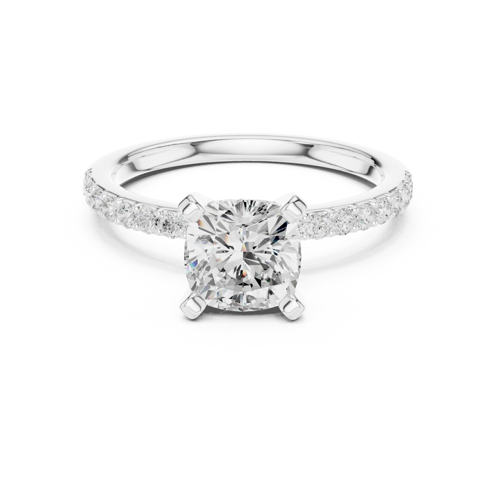 Lab-grown cushion solitaire diamond ring in white gold with thin pavé band