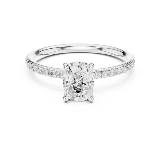 Lab-grown cushion cut solitaire ring in white gold with thin pavé diamond band