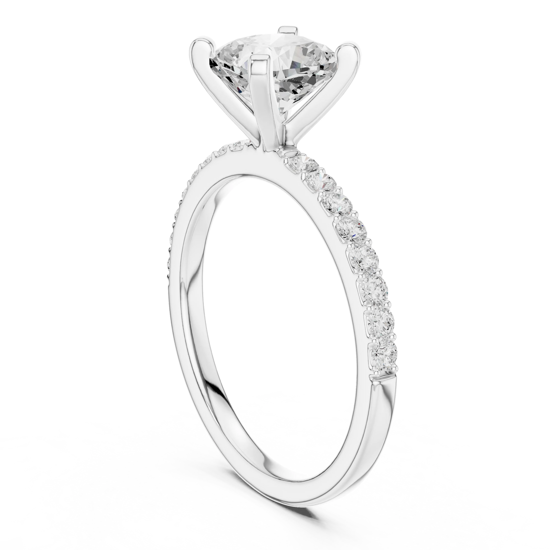 Back side view of white gold cushion solitaire ring showing thin pavé band and setting details