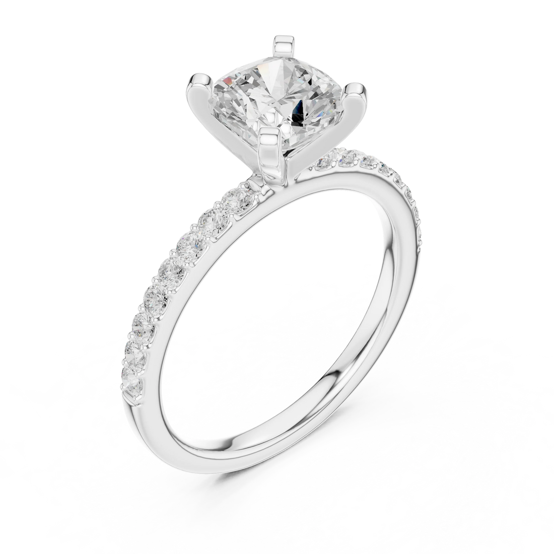 Front view of white gold cushion solitaire ring with thin pavé band and center diamond